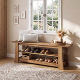 63-Inch Solid Wood Shoe Bench, Farmhouse Indoor Entryway Bench with 3-Tier Storage 3