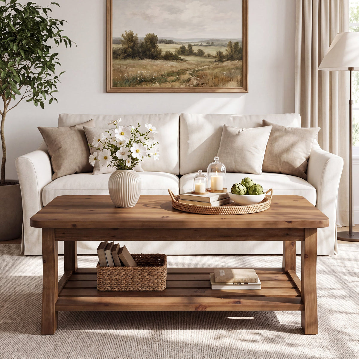 47" Modern Solid Wood Coffee Table, Rectangle 2-Tier Storage Shelf, Center Table, Living Room