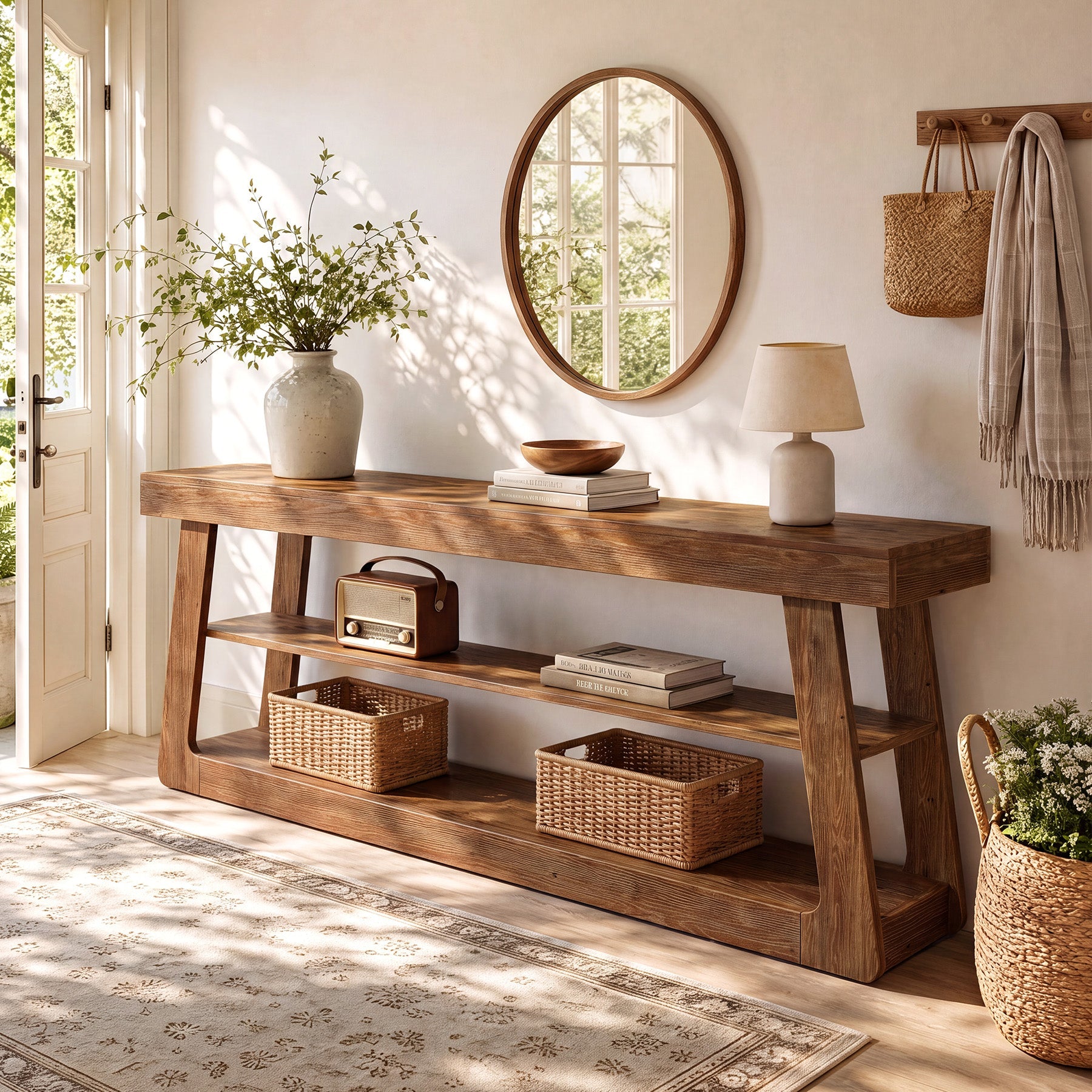 63" Solid Wood Console Table, 3-Tier Sofa Entryway Table with A-Shaped Frame for Hallway