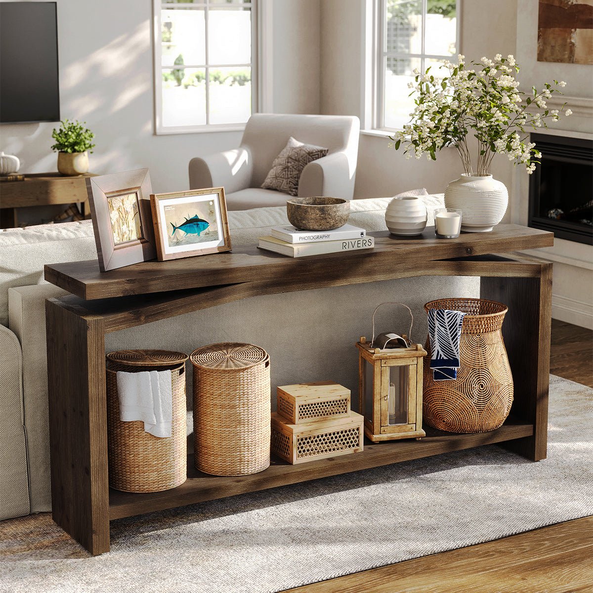 63" Solid Wood Console Table with Storage Shelf, Farmhouse Entryway & Sofa Table for Hallway or Behind Couch