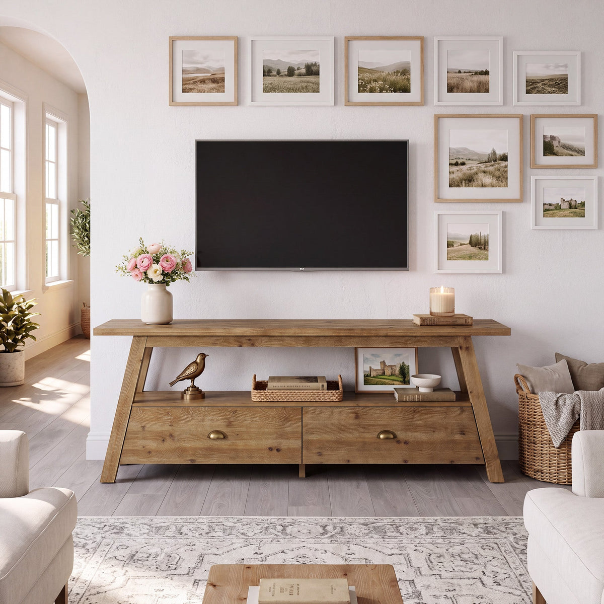 63" TV Stand for TVs Up to 70", Solid Wood 2-Tier Media Console with Drawers