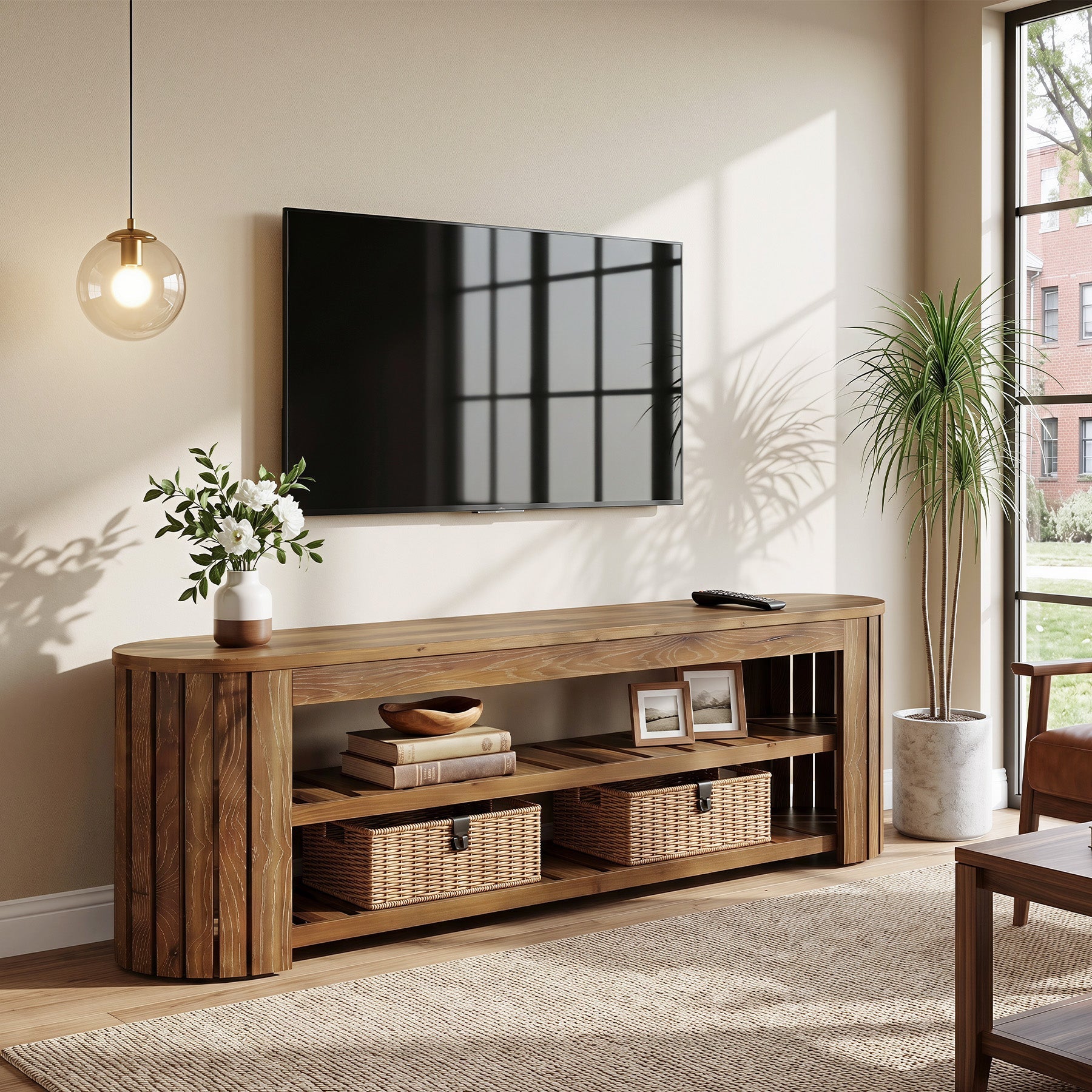 63" Solid Wood TV Stand, Entertainment Center with 2-Tier Shelves for 55/60/65/70-Inch TVs
