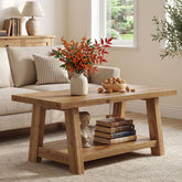 Solid Wood Coffee Table, 2-Tier Rectangle Center Table with Lower Storage Shelf 3