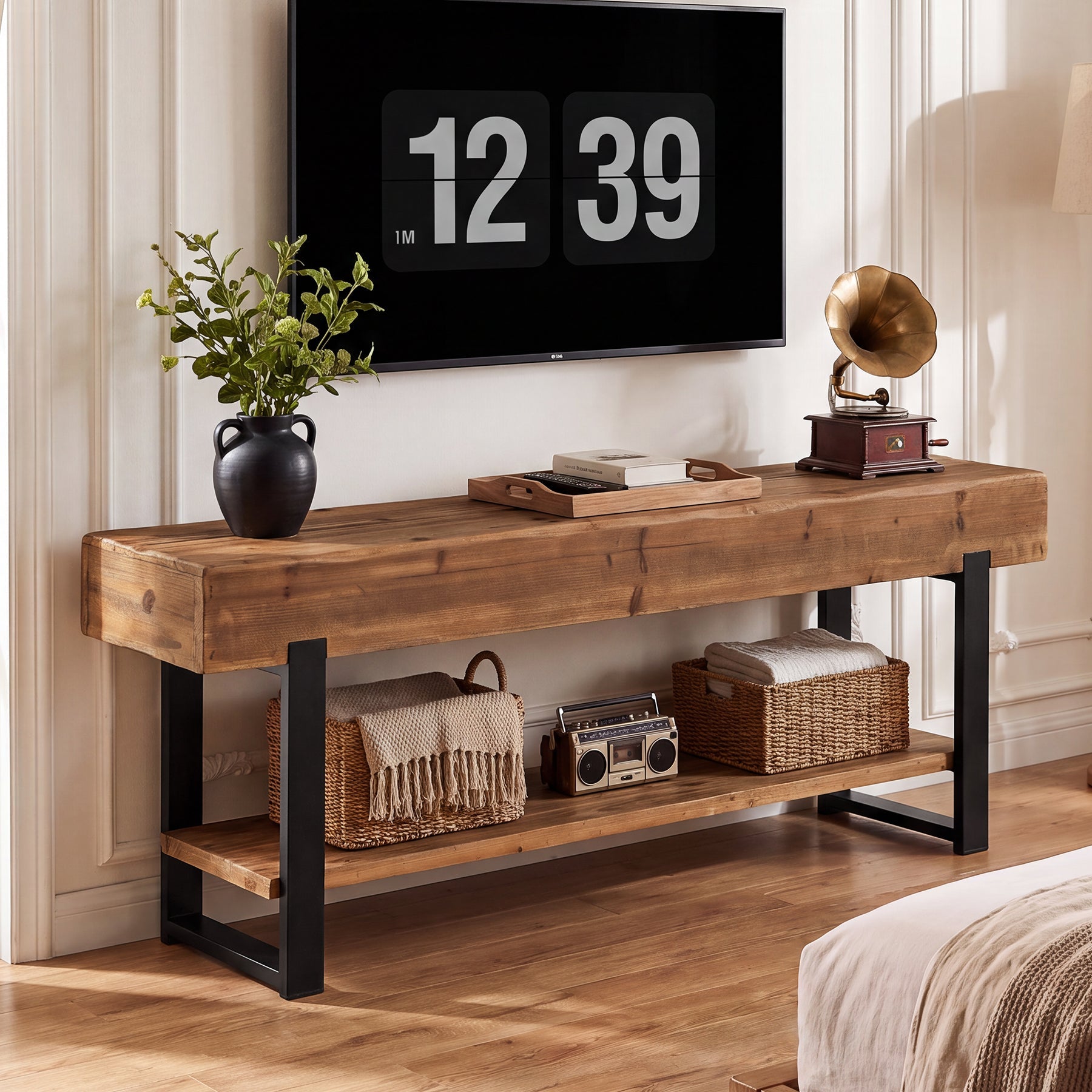 63" Solid Wood TV Stand for 55-75" TVs, 2-Tier Entertainment Center with Metal Frame