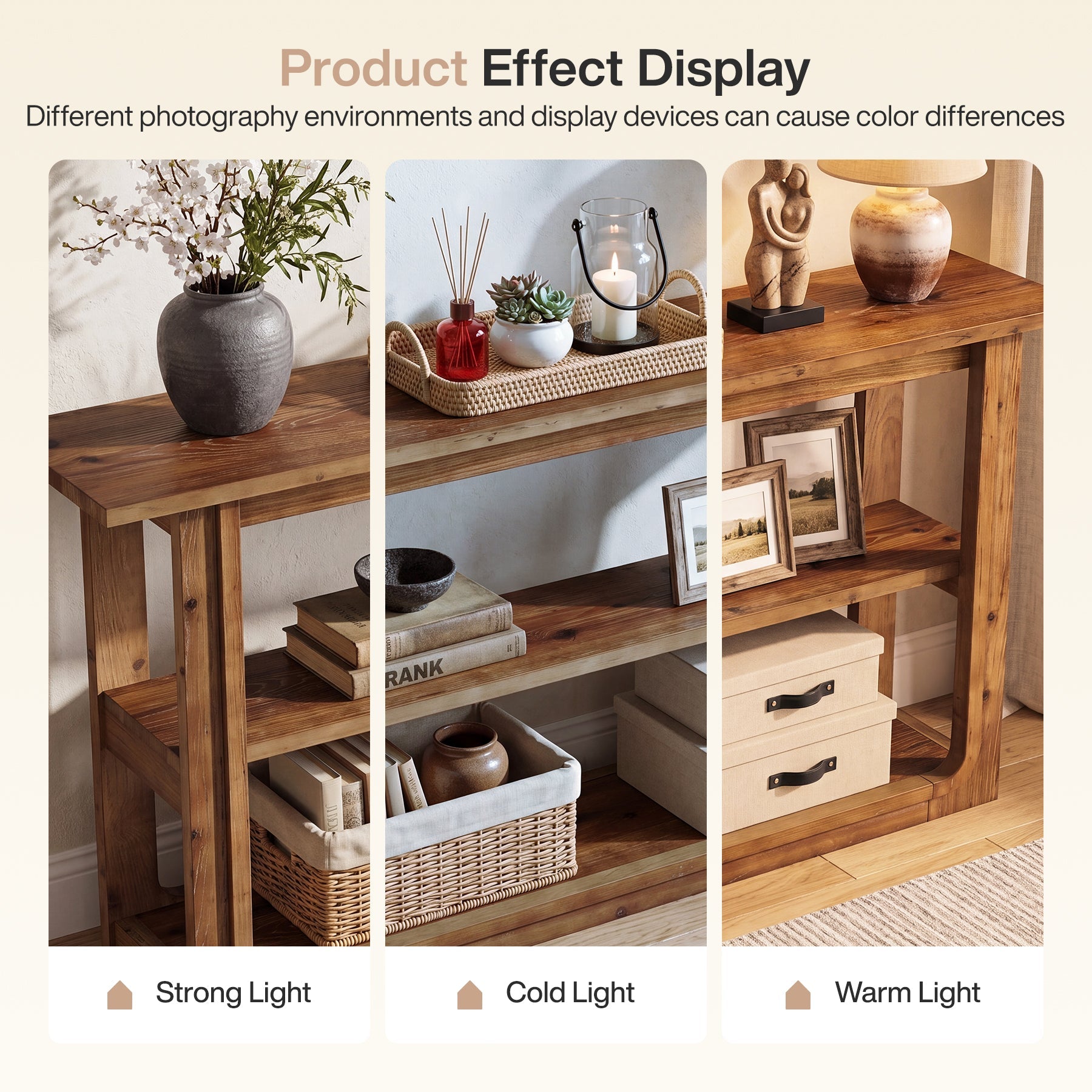 55" Solid Wood Console Table, 3-Tier Farmhouse Accent Sofa Table for Entryway