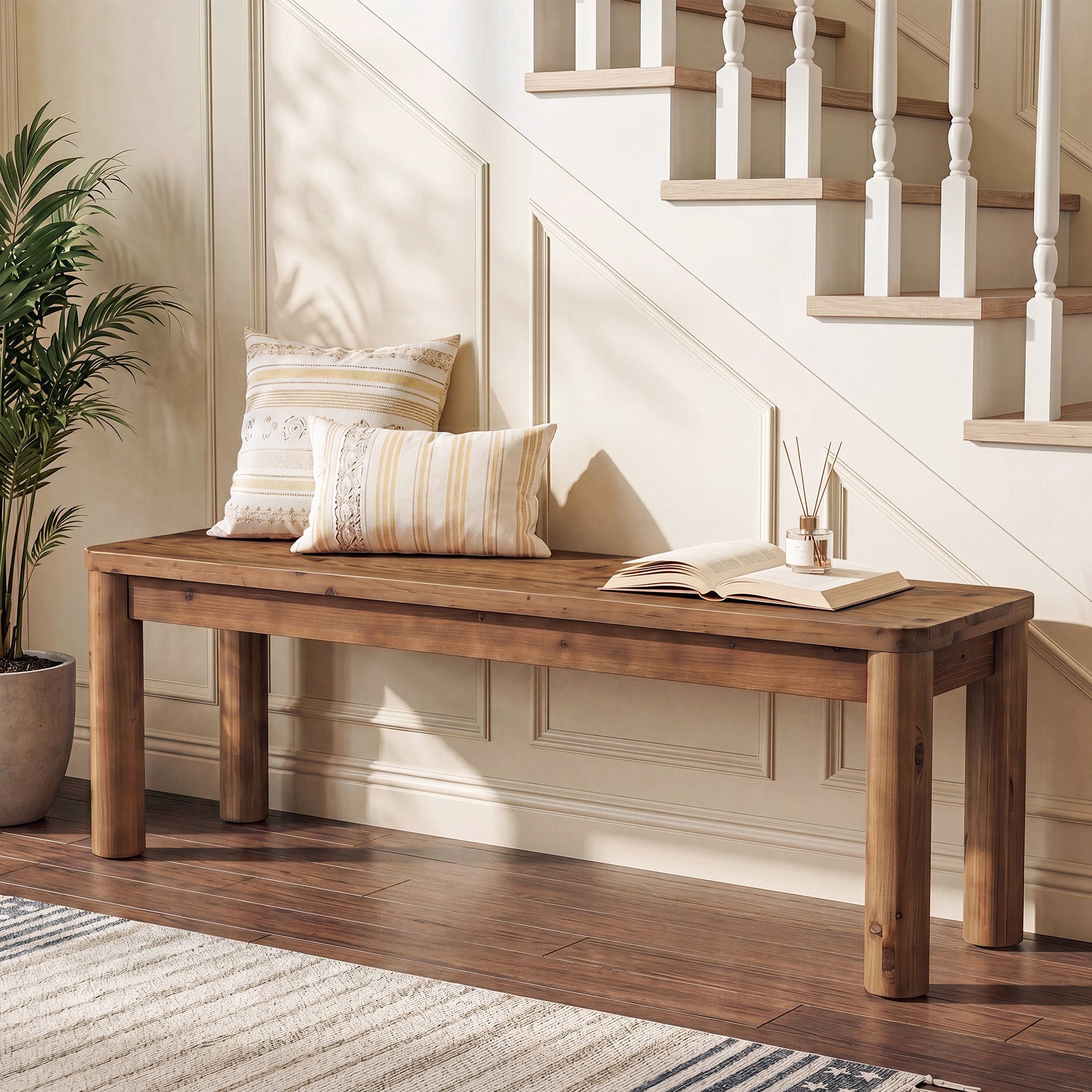 55" Solid Wood Entryway Bench, Farmhouse Wooden Bench for End of Bed, Hallway & Dining Room