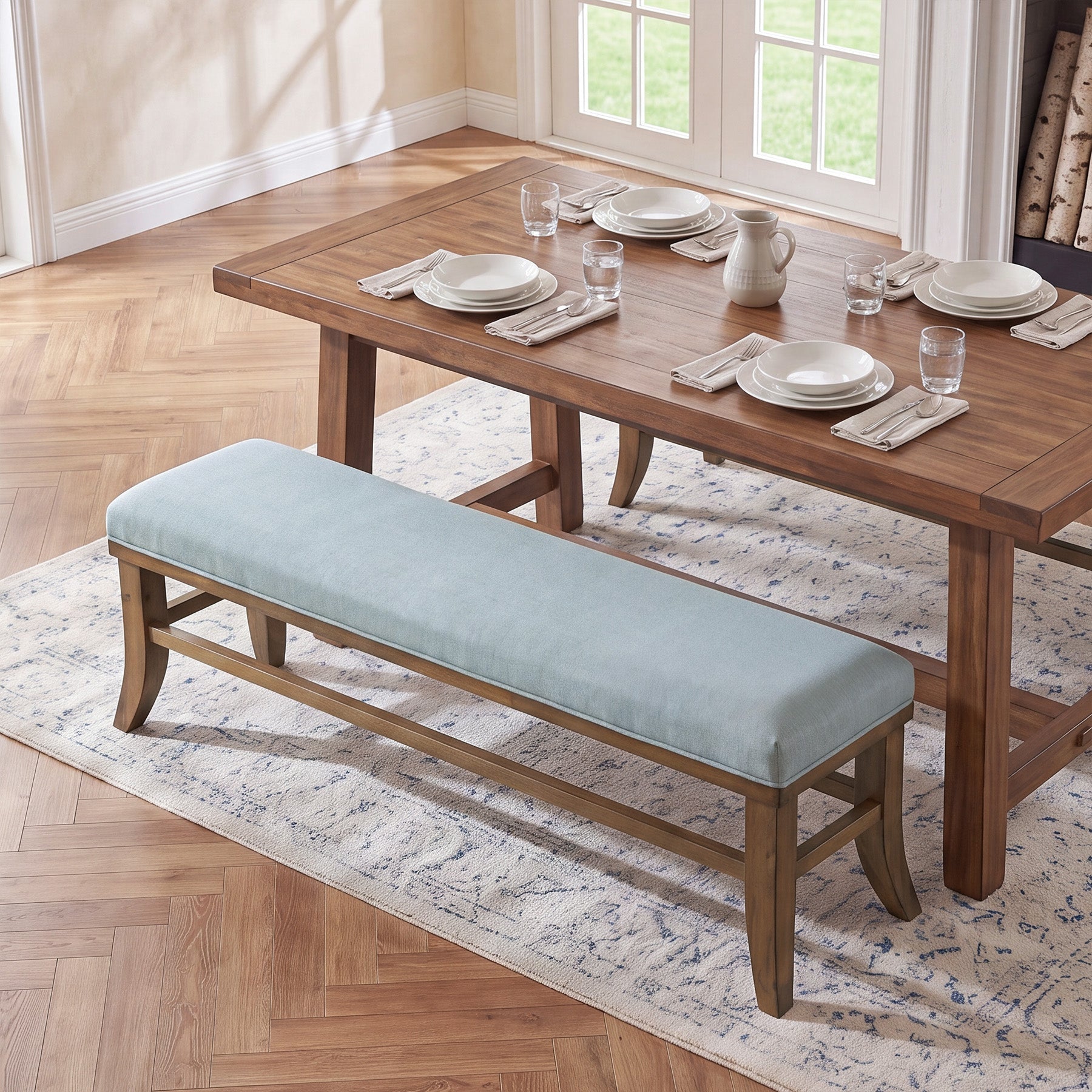 Solid Wood Upholstered Dining Bench, 55" Padded Kitchen Bench Seats 2-3 People