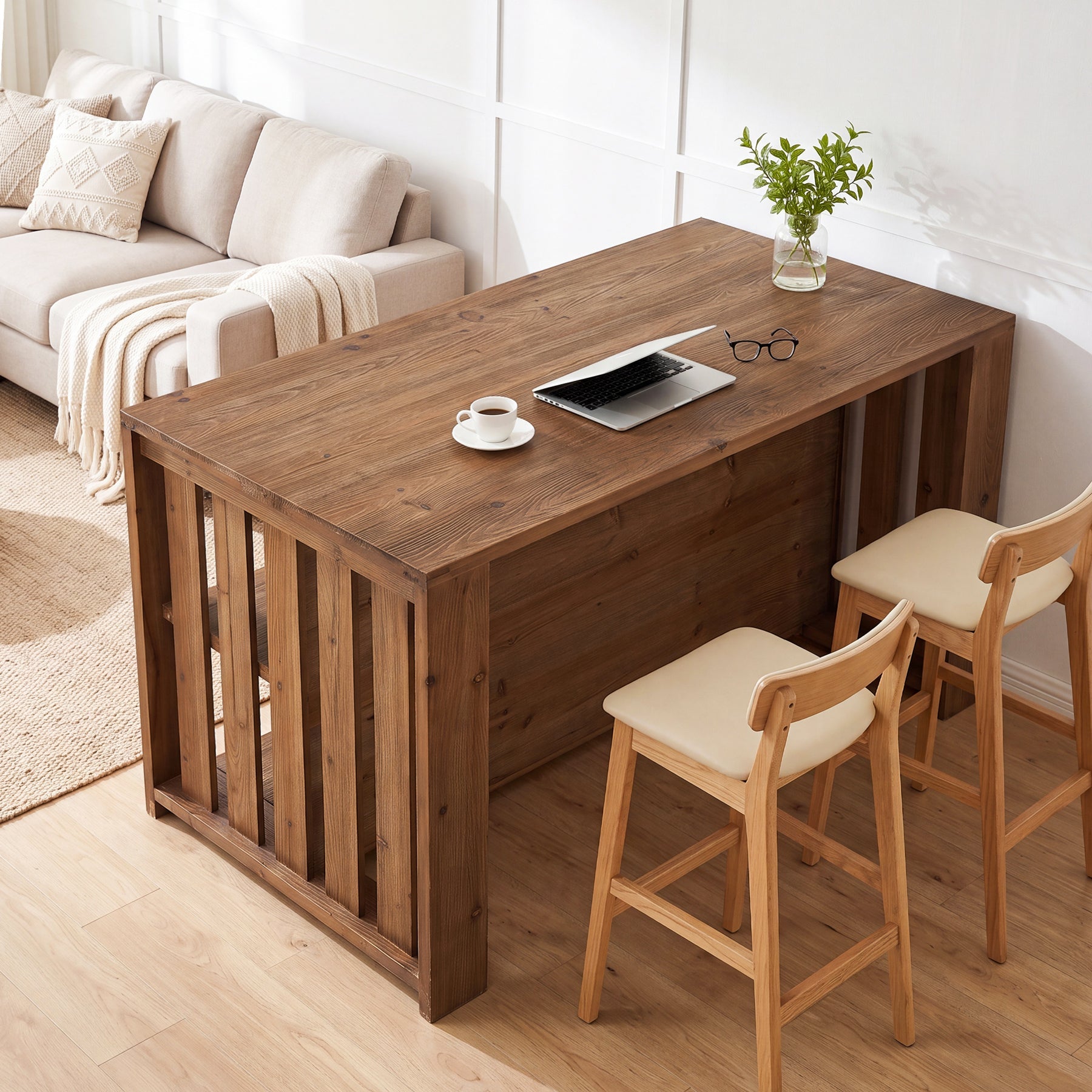 55" Kitchen Island, Solid Wood Stationary Island Table with 2-Tier Storage