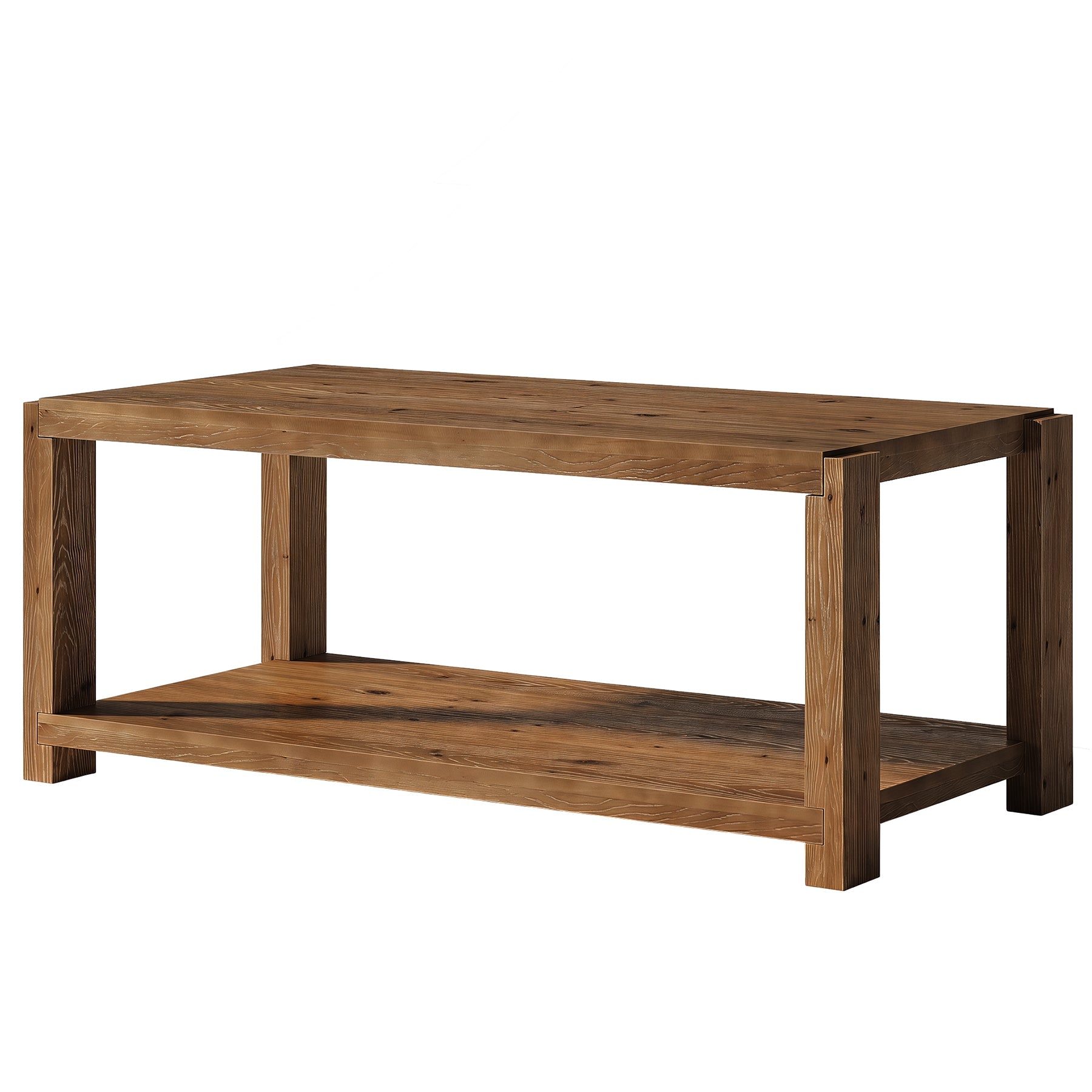 47" Farmhouse Solid Wood Coffee Table, Rectangular Cocktail Table with 2-Tier Open Shelf
