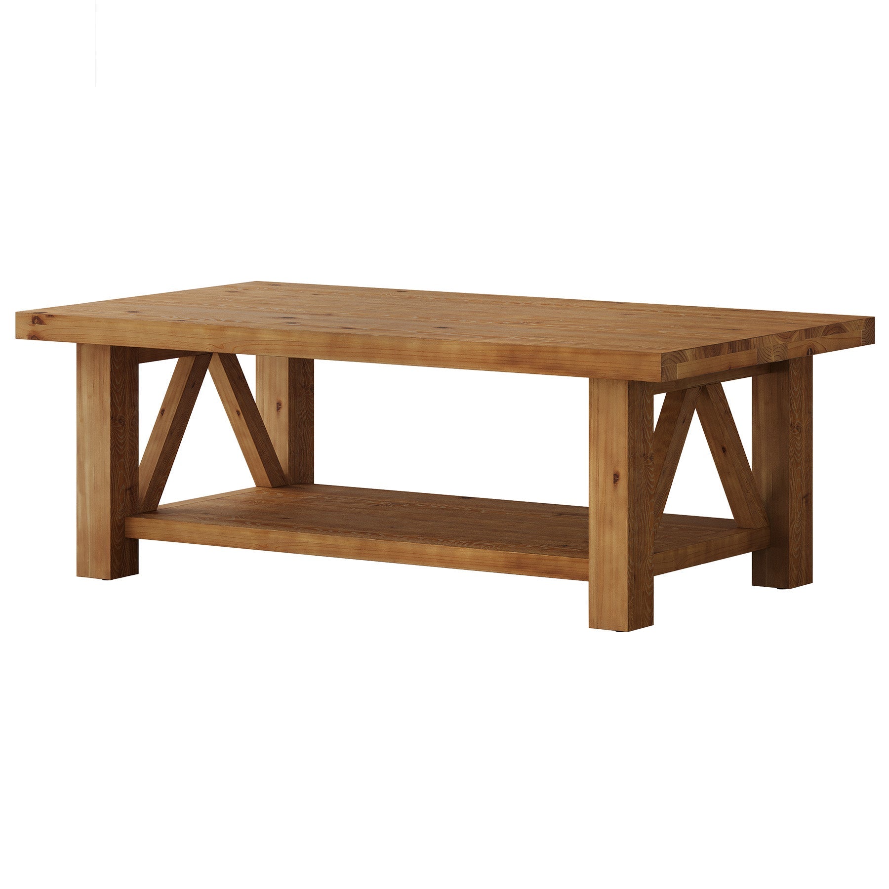 55" Rectangular Coffee Table, 2-Tier Solid Wood Center Table for Living Room