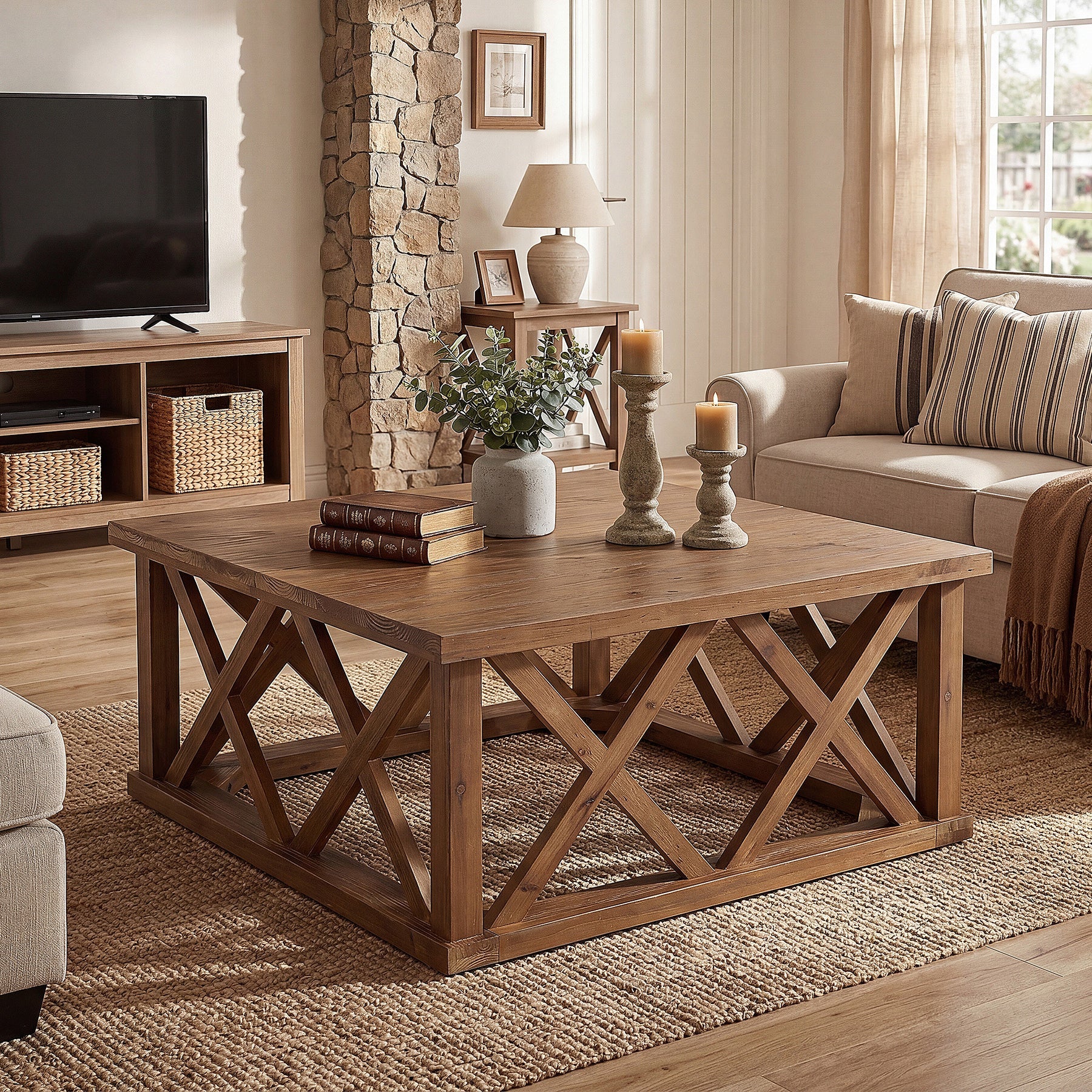 Tribesigns 39.37" Solid Wood Coffee Table, Square Farmhouse Table for Living Room