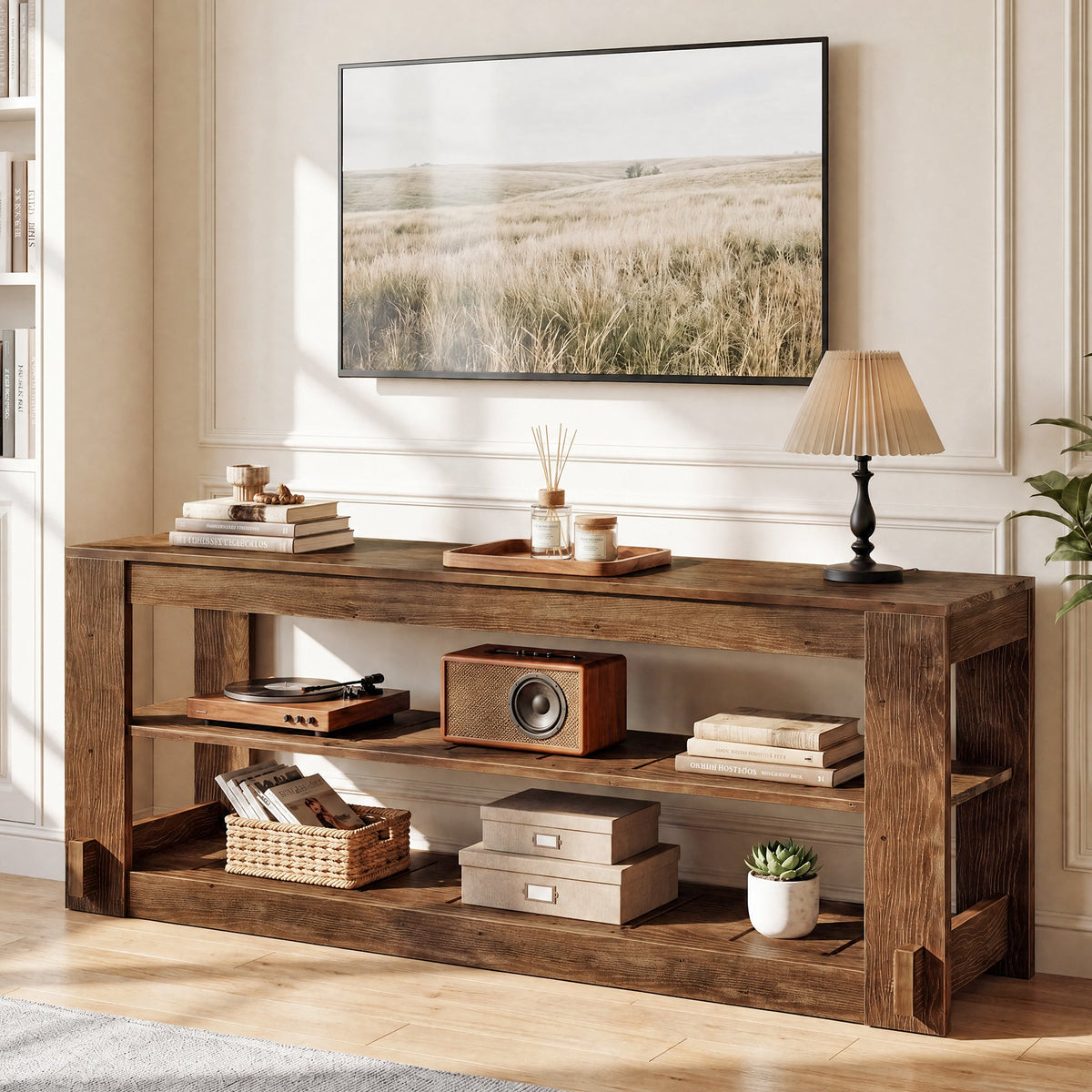 63" Solid Wood TV Stand, 3-Tier Media Entertainment Center for Living Room