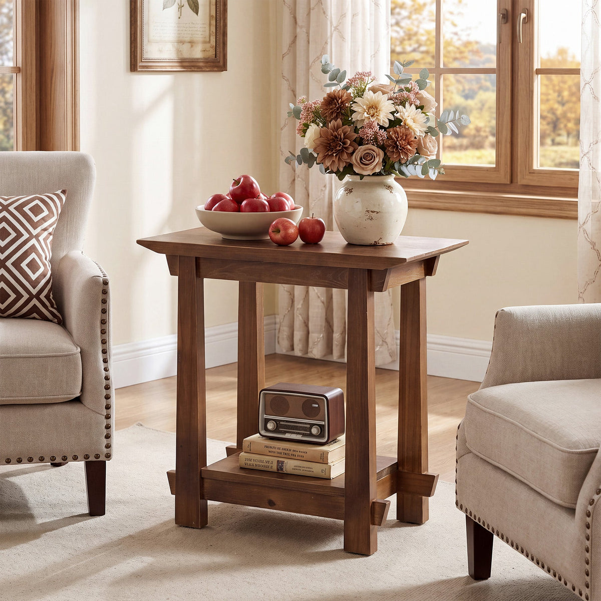 2-Tier Solid Wood End Table, Rectangle Sofa Side Table, Living Room Bedroom Nightstand