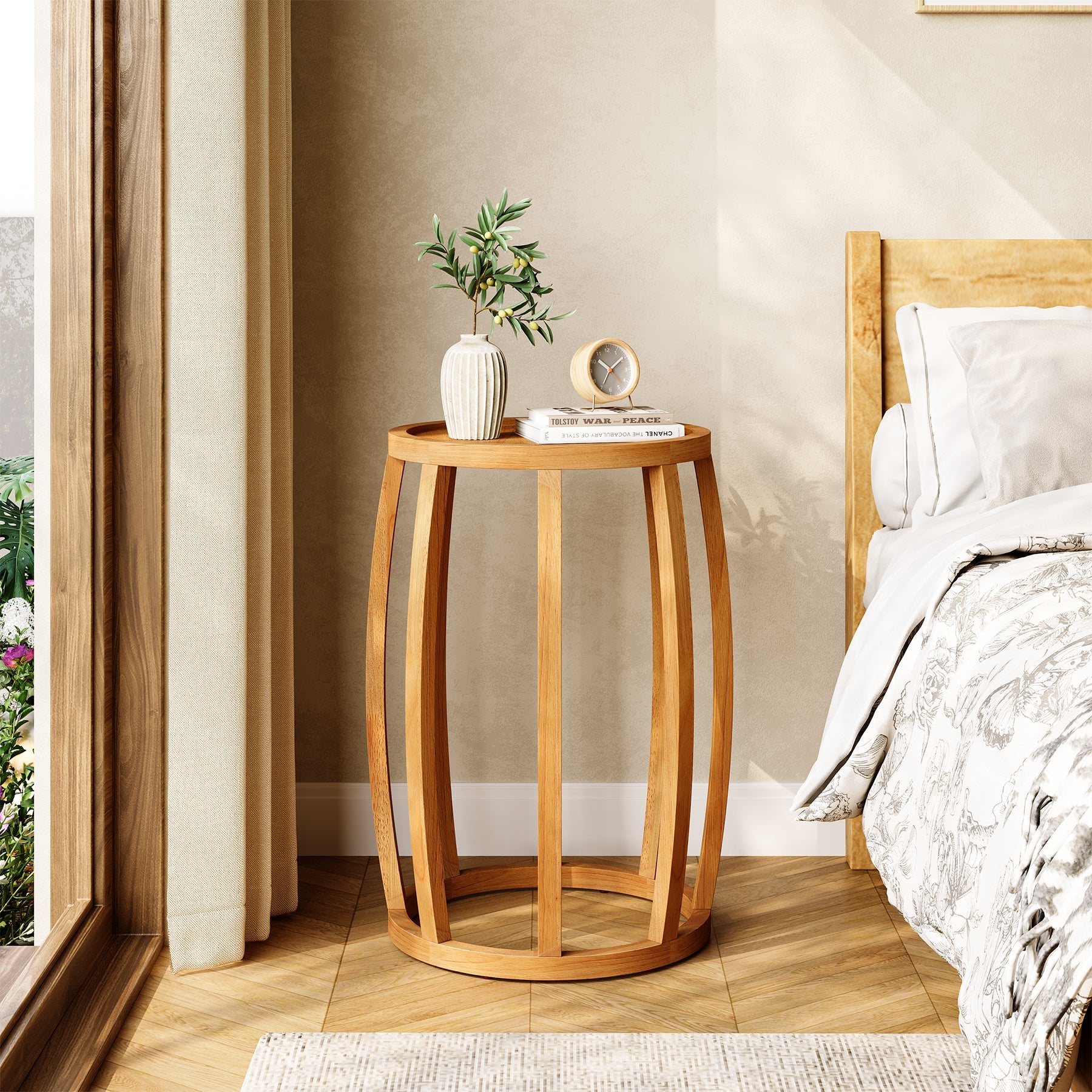 Solid Wood Round End Table, Small Farmhouse Side Table for Living Room