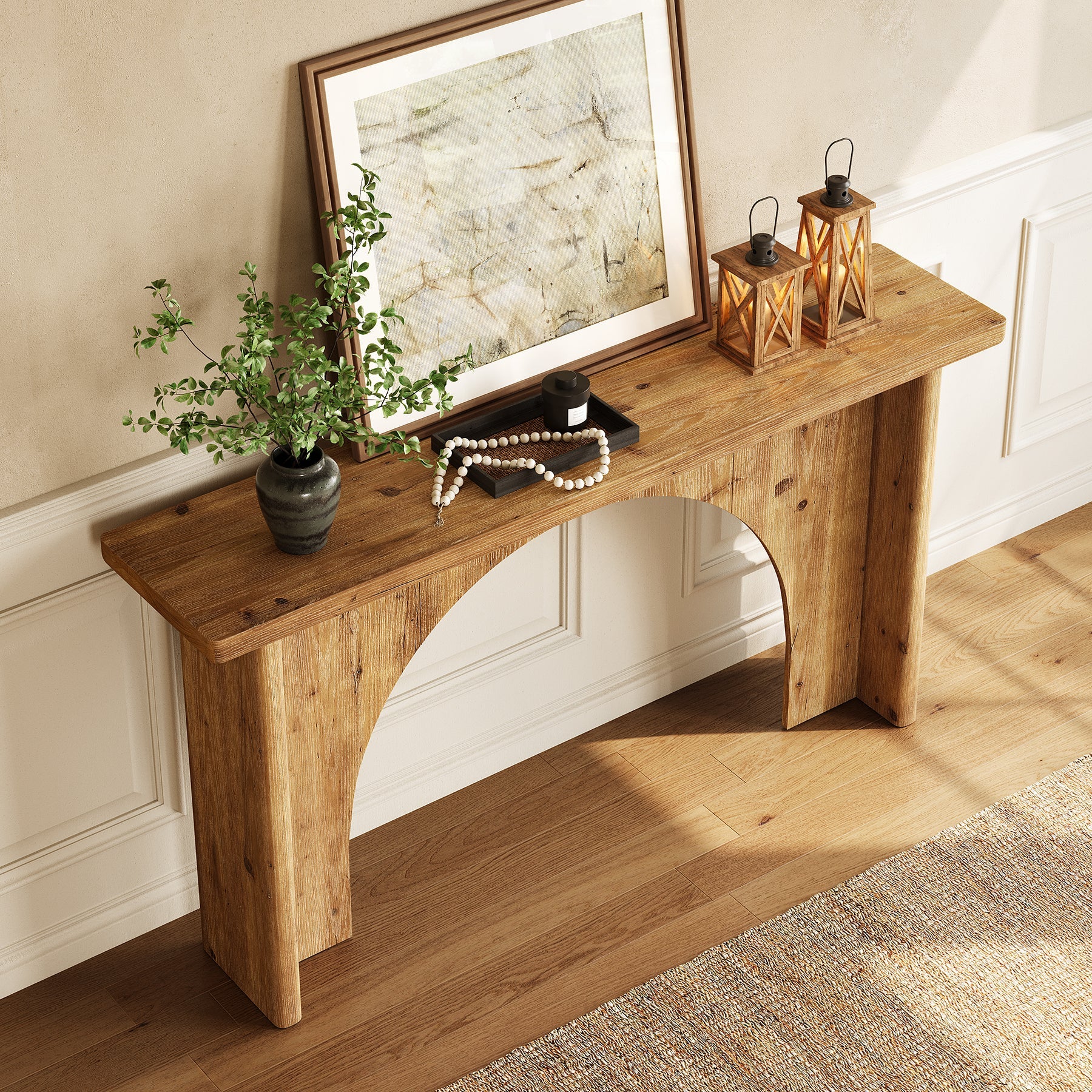 Solid Wood Console Table, 63" Entryway Sofa Table with Unique Arch Base