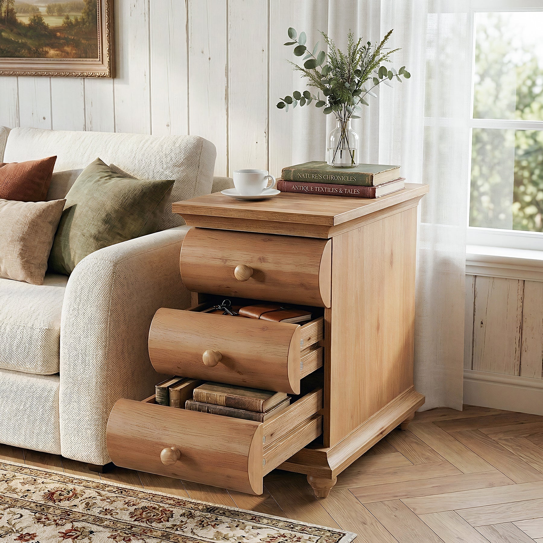Solid Wood End Table with 3 Drawers, Narrow Side Table with Storage