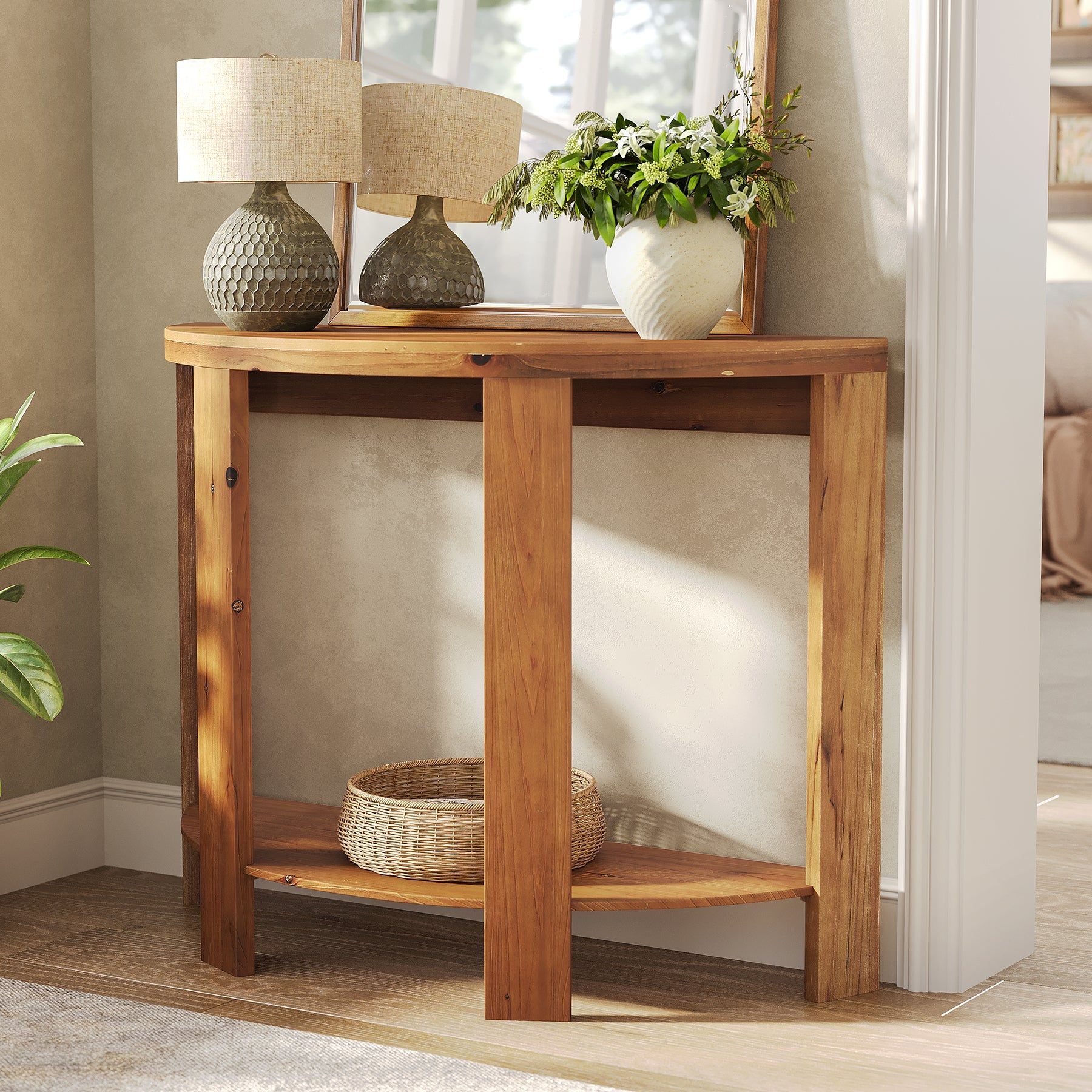 Solid Wood Console Table, Half-Moon 41.3" Hallway Table with 2-Tier Storage