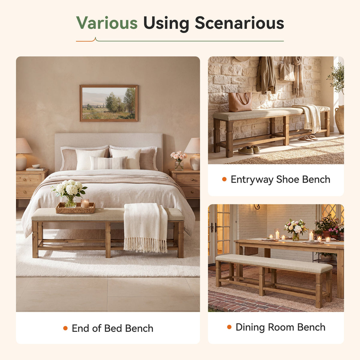 70.87" Upholstered Solid Wood Dining Bench with Linen Fabric Cushion
