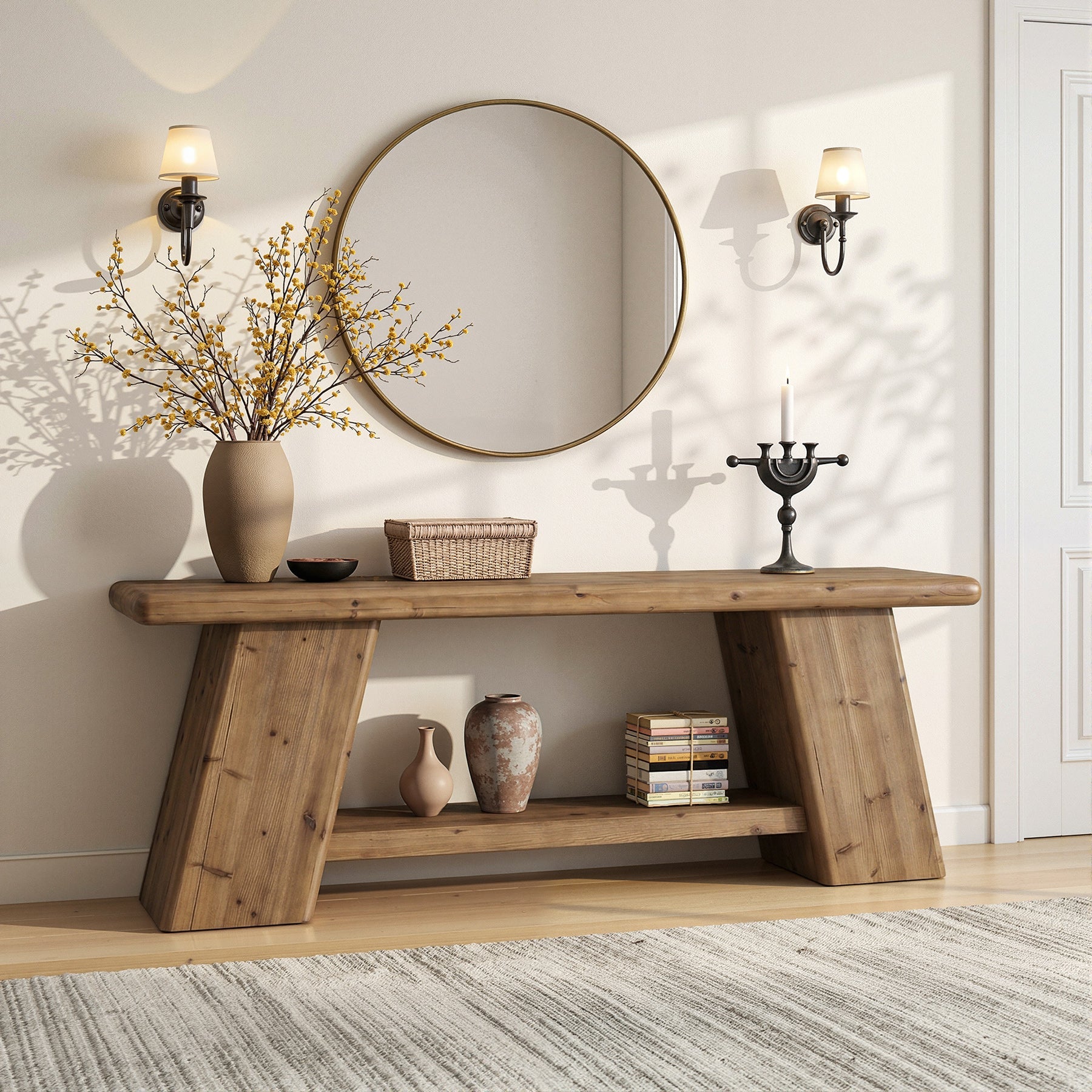 63" Solid Wood Console Table with Storage Shelf, Farmhouse Sofa Table for Behind Couch or Entryway
