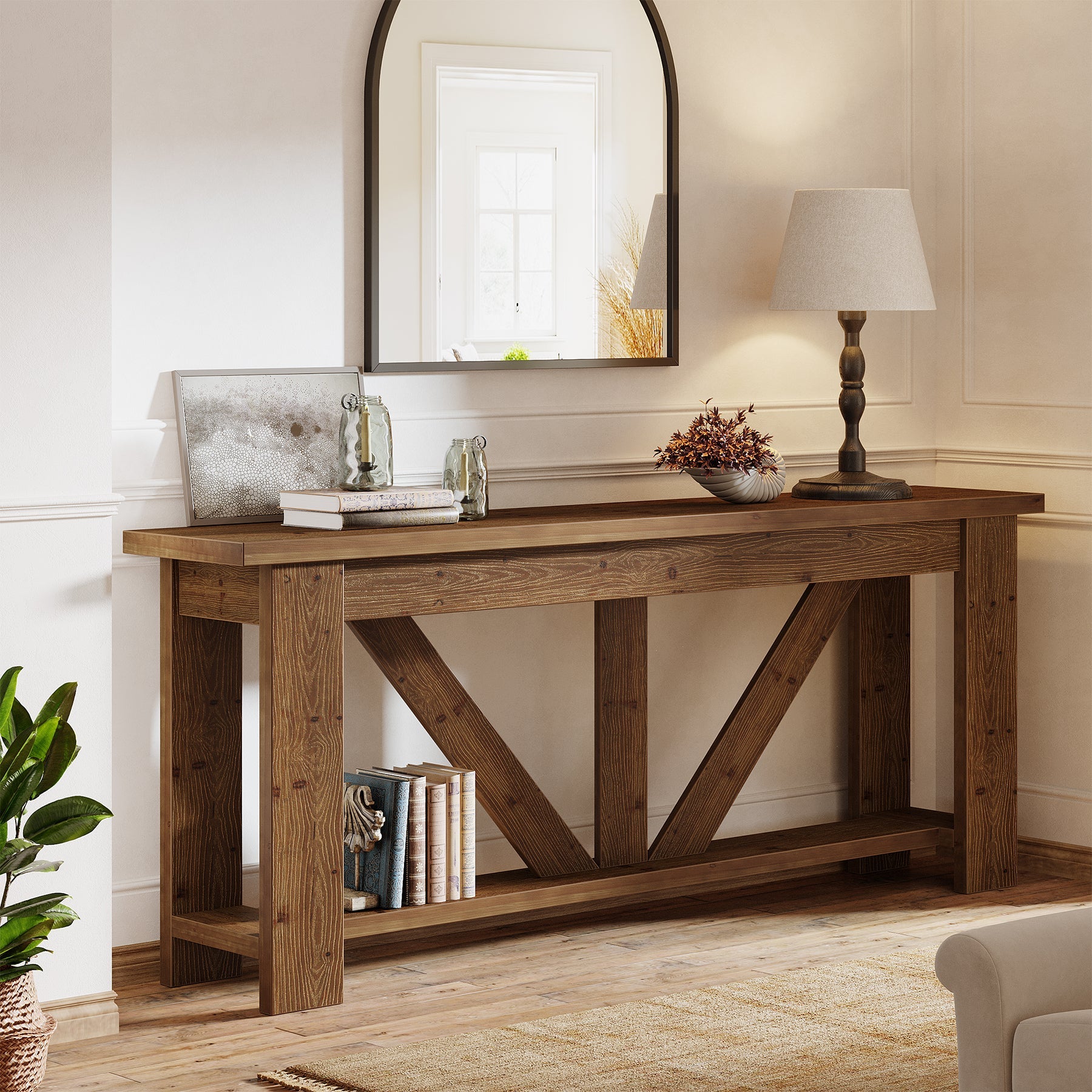 70.9" Solid Wood Console Table,  2-Tier Sofa Table Behind Couch with Storage