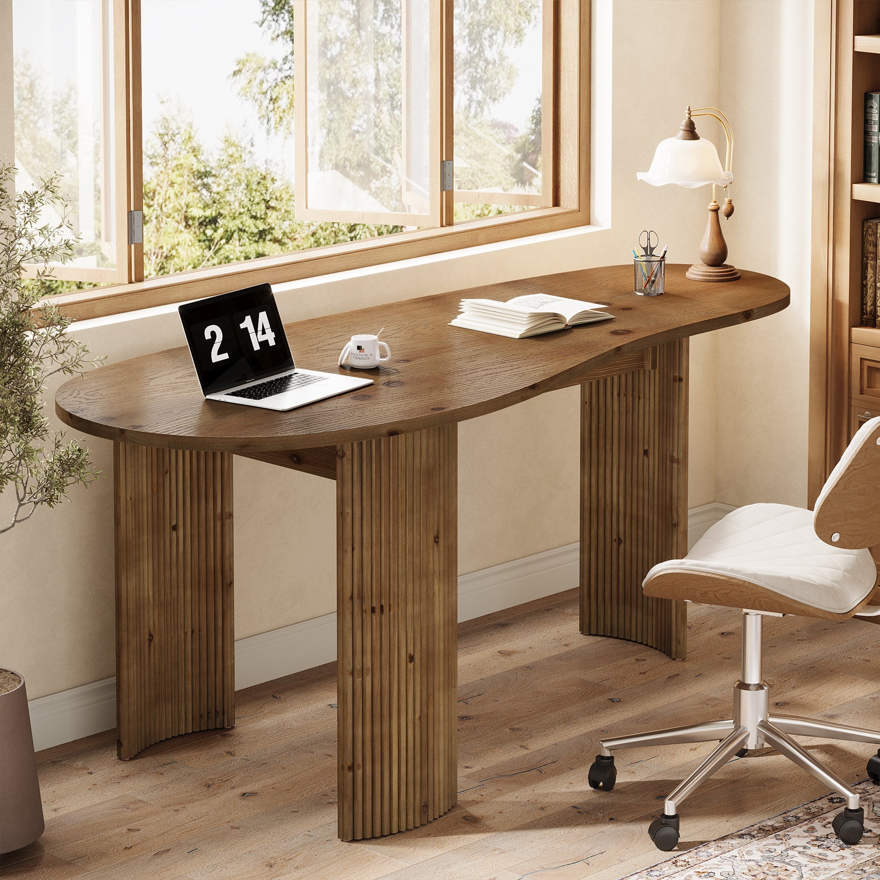 59" Solid Wood Executive Desk, Curved Computer Desk with Fluted Wooden Legs
