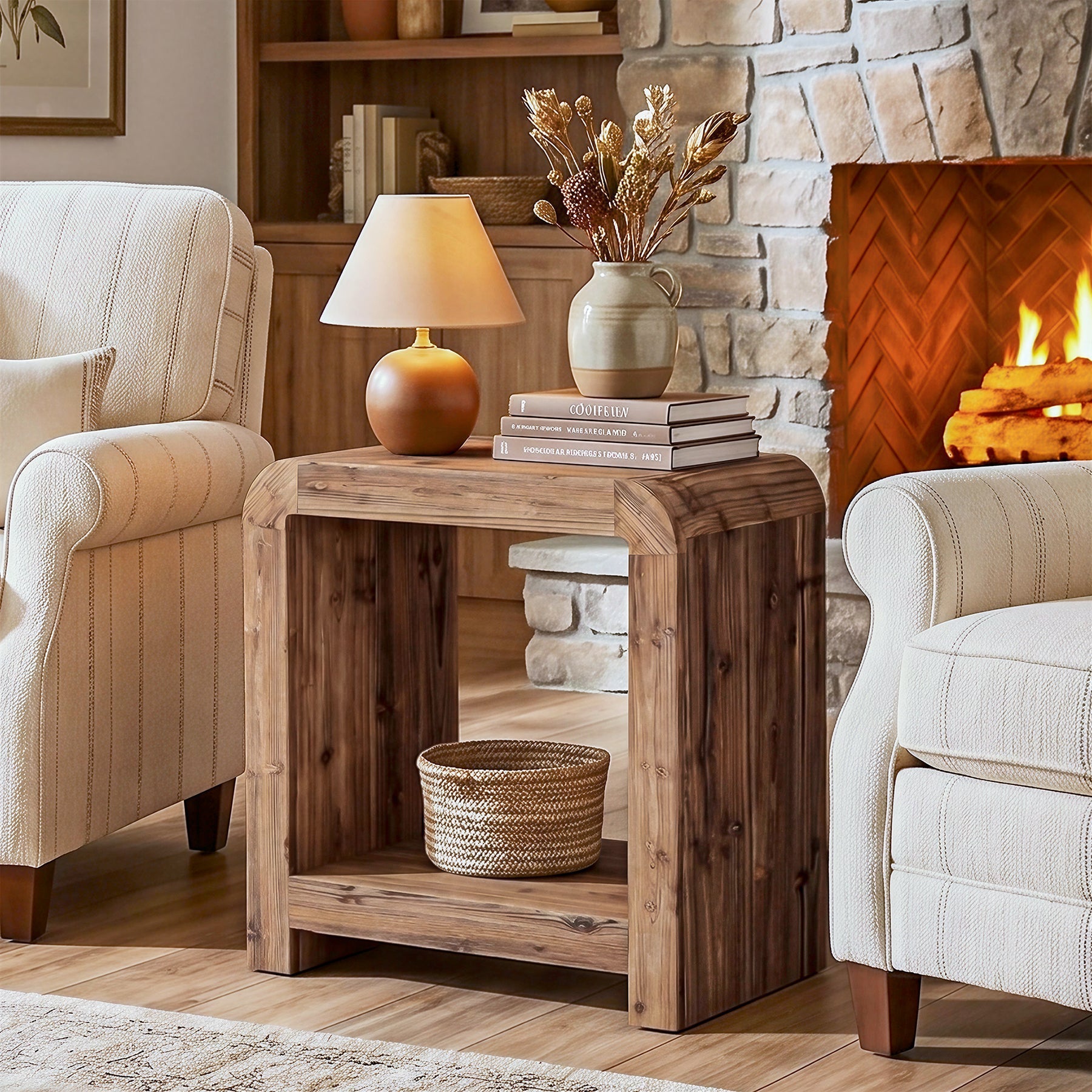 23.62" Solid Wood End Table, 2-Tier Narrow Side Table with Storage for Living Room
