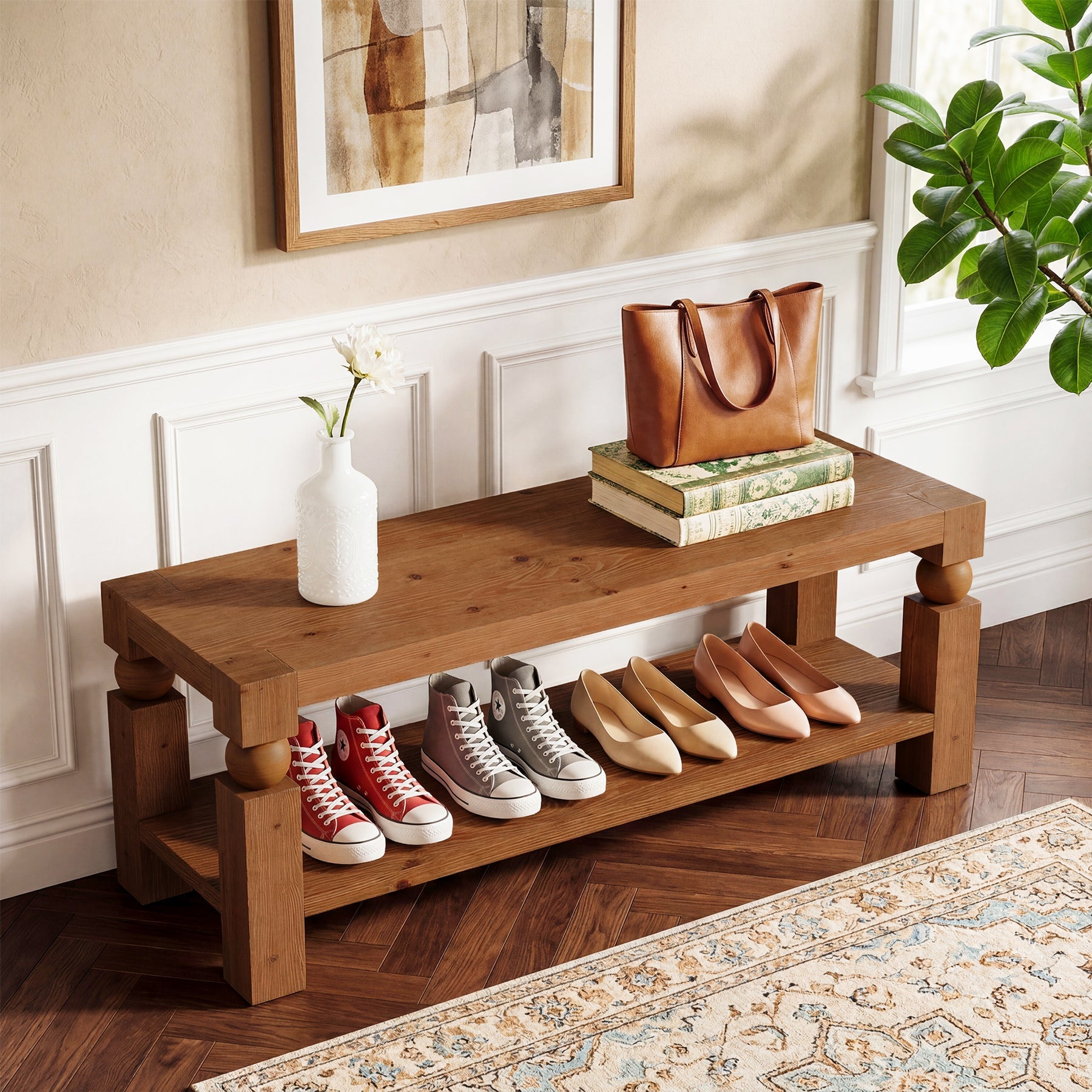 Solid Wood Entryway Bench, 47" Shoe Storage  Bench with Shelf for Hallway