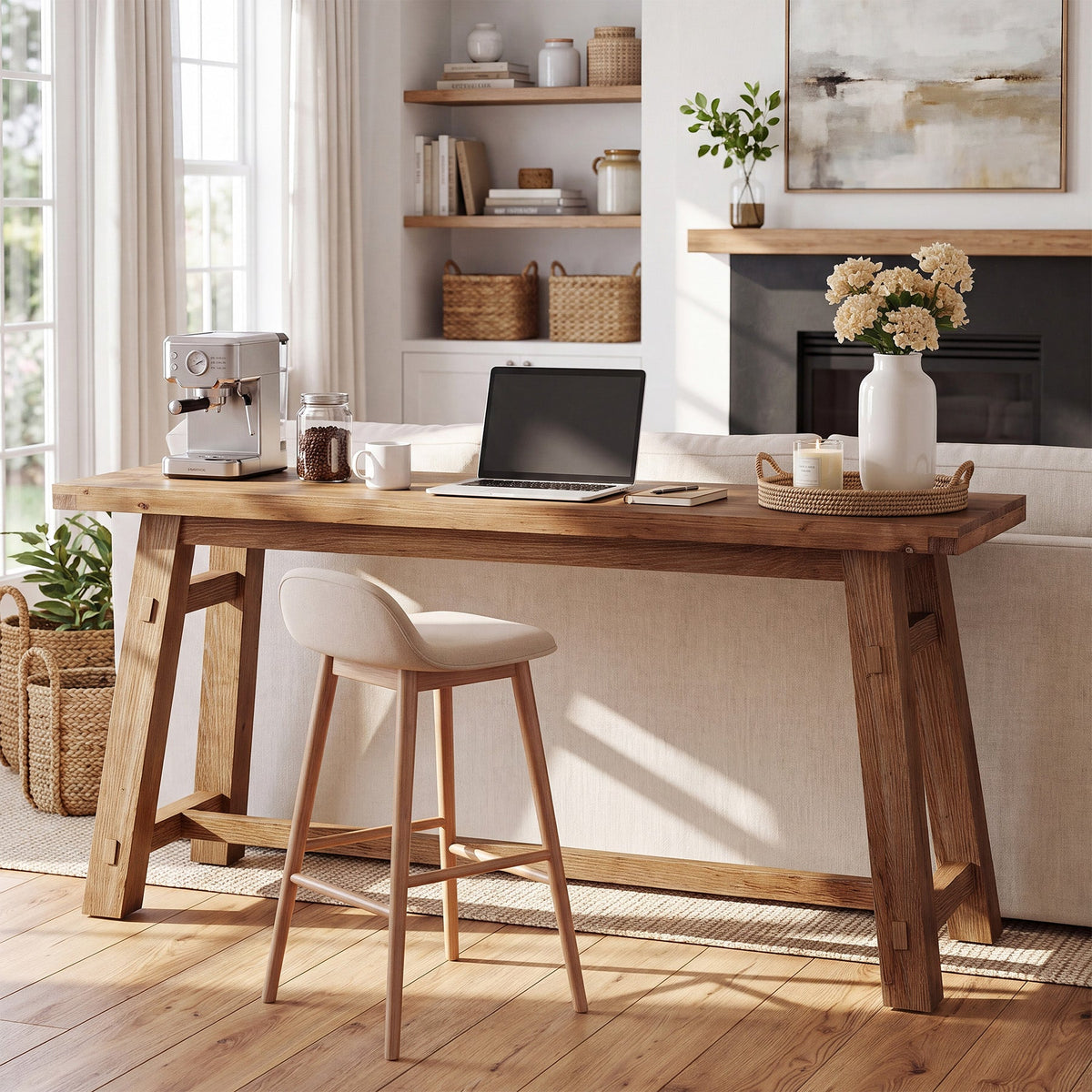 63" Solid Wood Bar Table with Footrest, Rectangular Pub Table, High Top Table