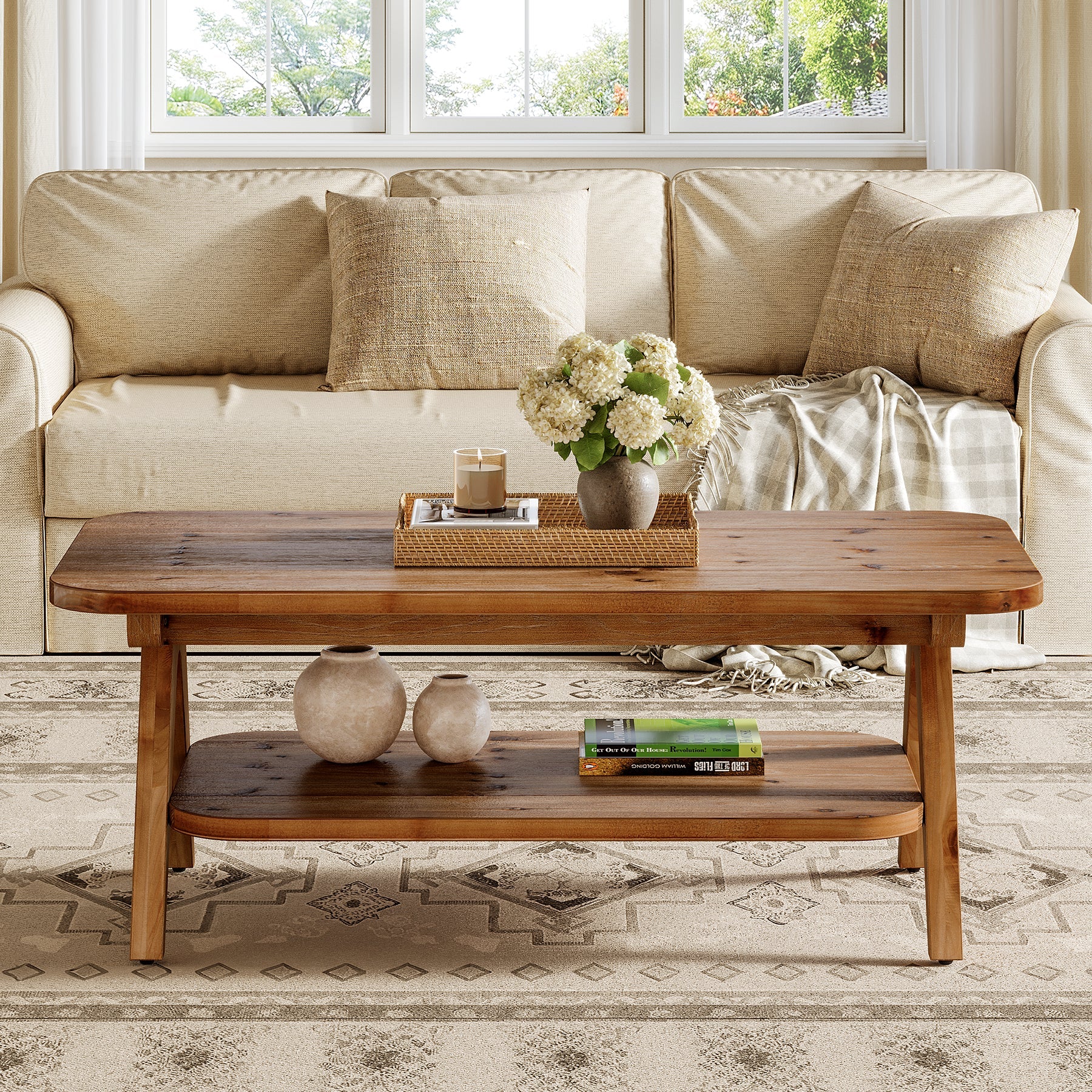 47" Coffee Table, Solid Wood 2-Tier Center Table with Storage Shelf