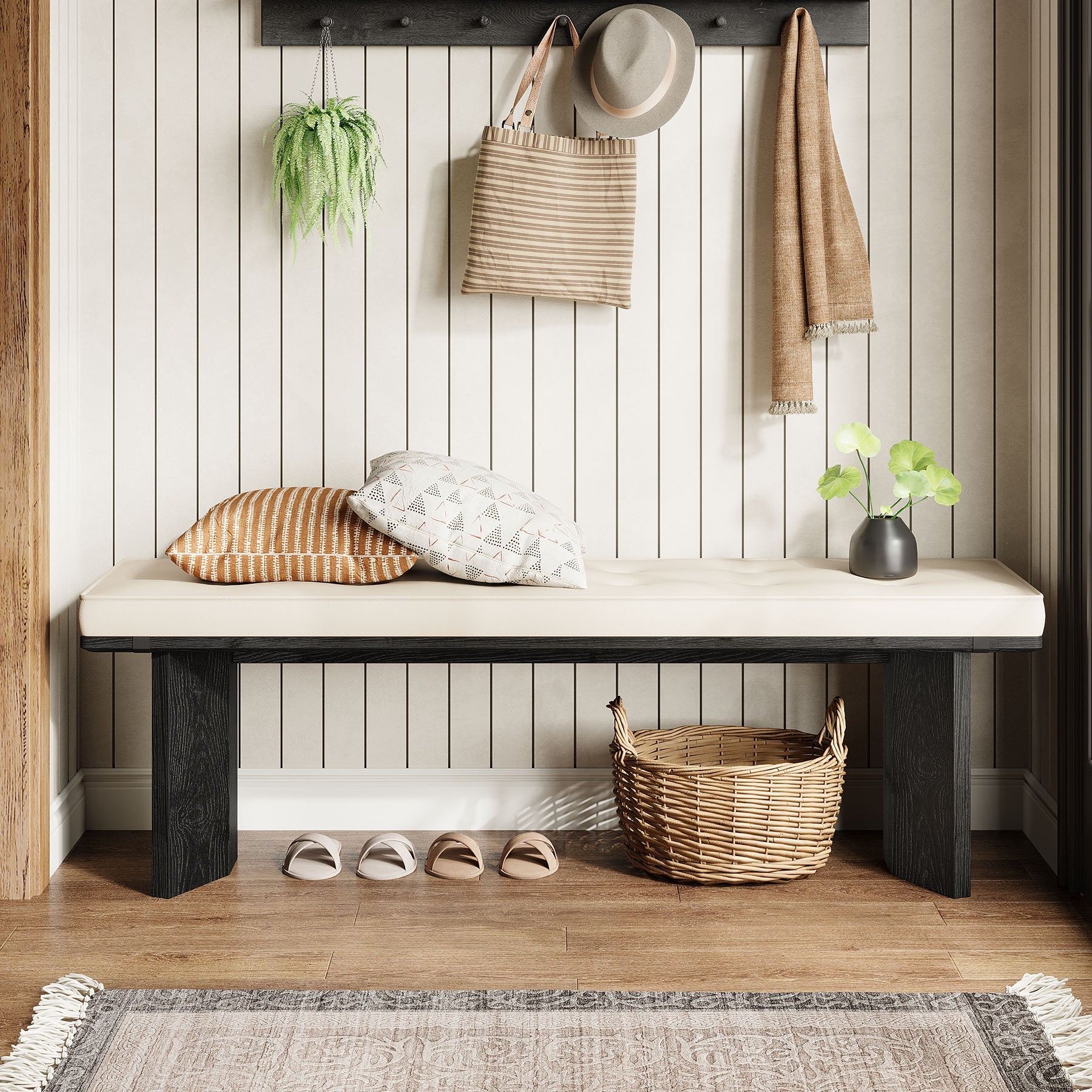 Solid Wood Entryway Bench, 55" Shoe Bench with Removable Cushion