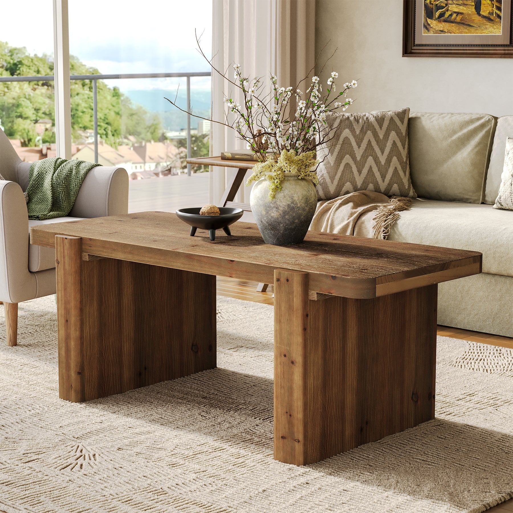 47" Solid Wood Coffee Table, Rectangular Center Table with Heavy-Duty Legs