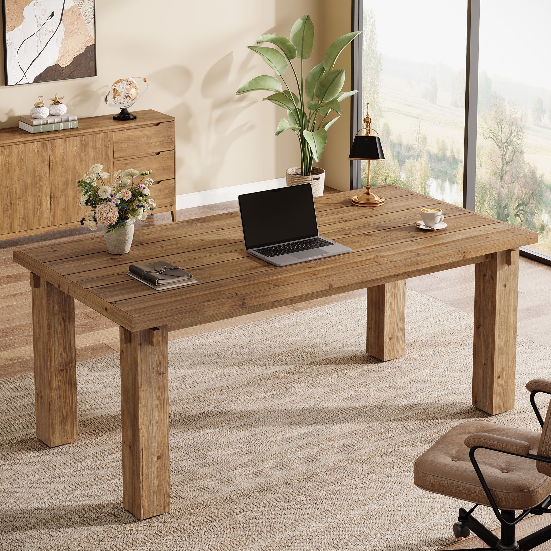 63" Solid Wood Executive Desk, Farmhouse Computer Desk with Study Legs for Home Office
