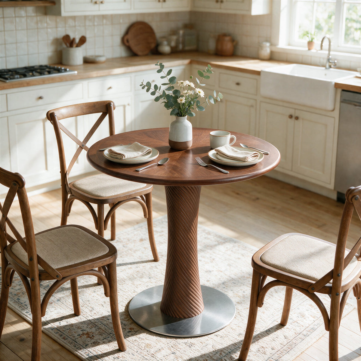 31.5” Round Dining Table, Solid Wood Kitchen Table with Hourglass Pedestal for 2