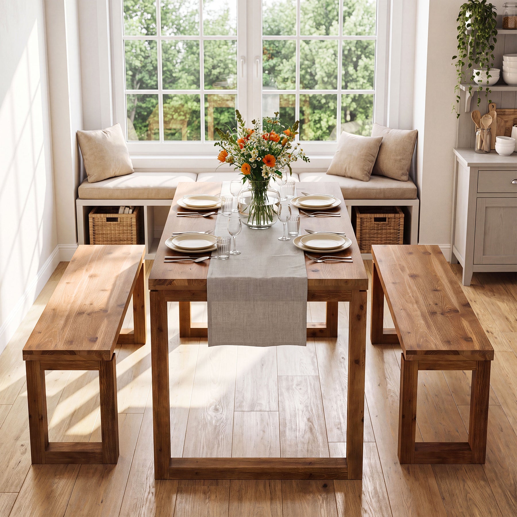 3-Piece Solid Wood Dining Table Set, Rectangular Kitchen Table with 2 Benches