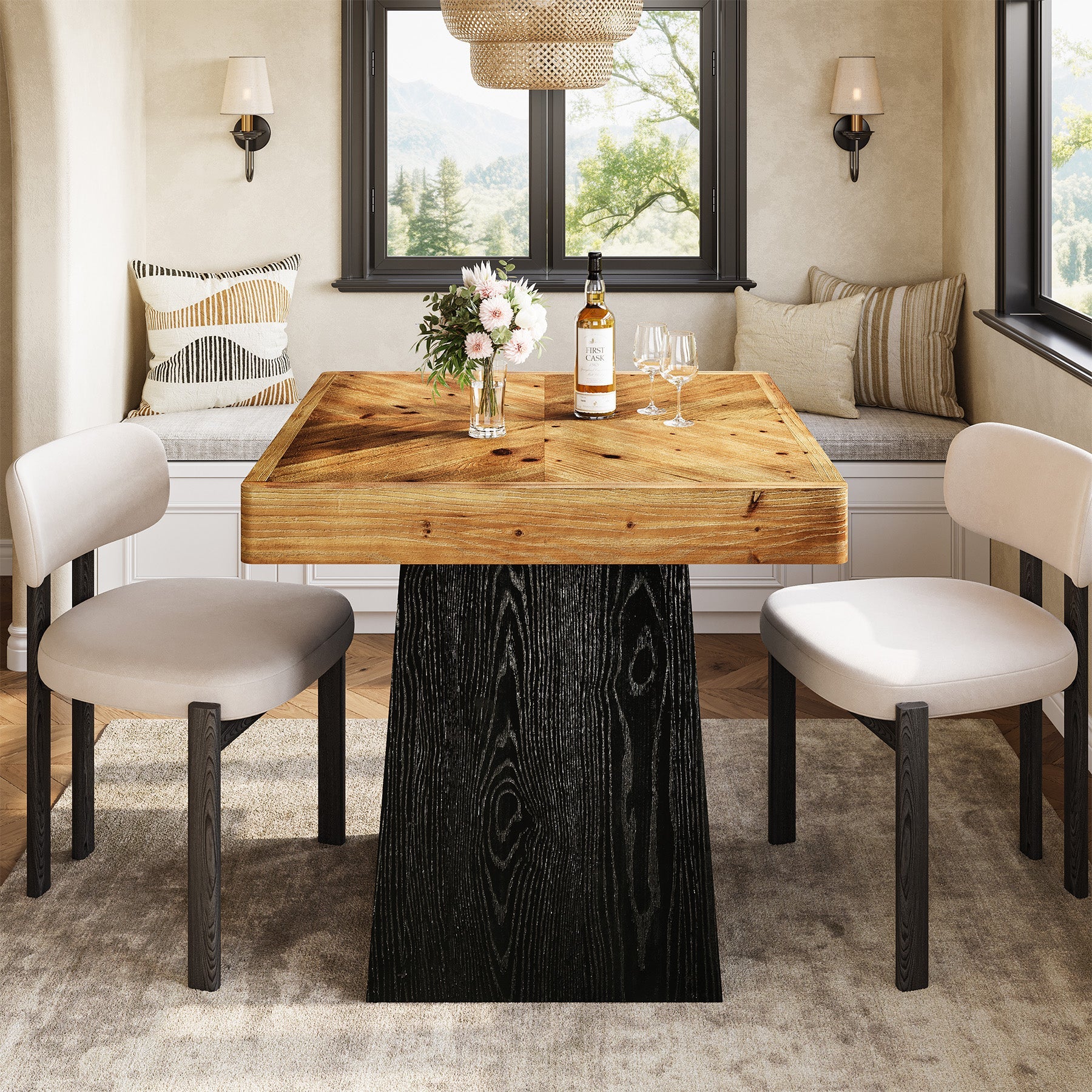 31" Solid Wood Square Dining Table for 2–4, Farmhouse Kitchen Table with Parquet Top & Tapered Base