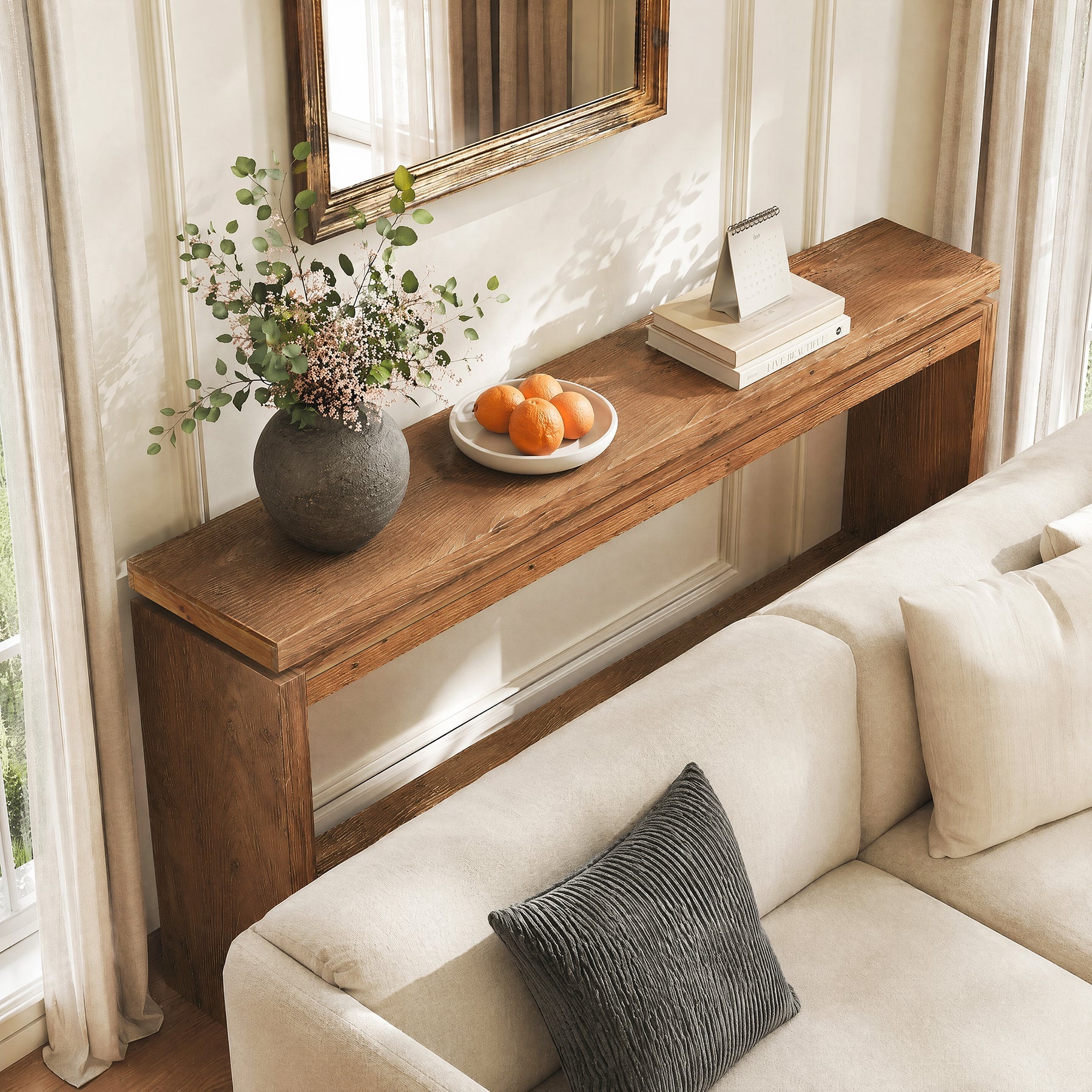 63" Solid Wood Console Table, 2-Tier Accent Sofa Table with Layered Double-Top Design