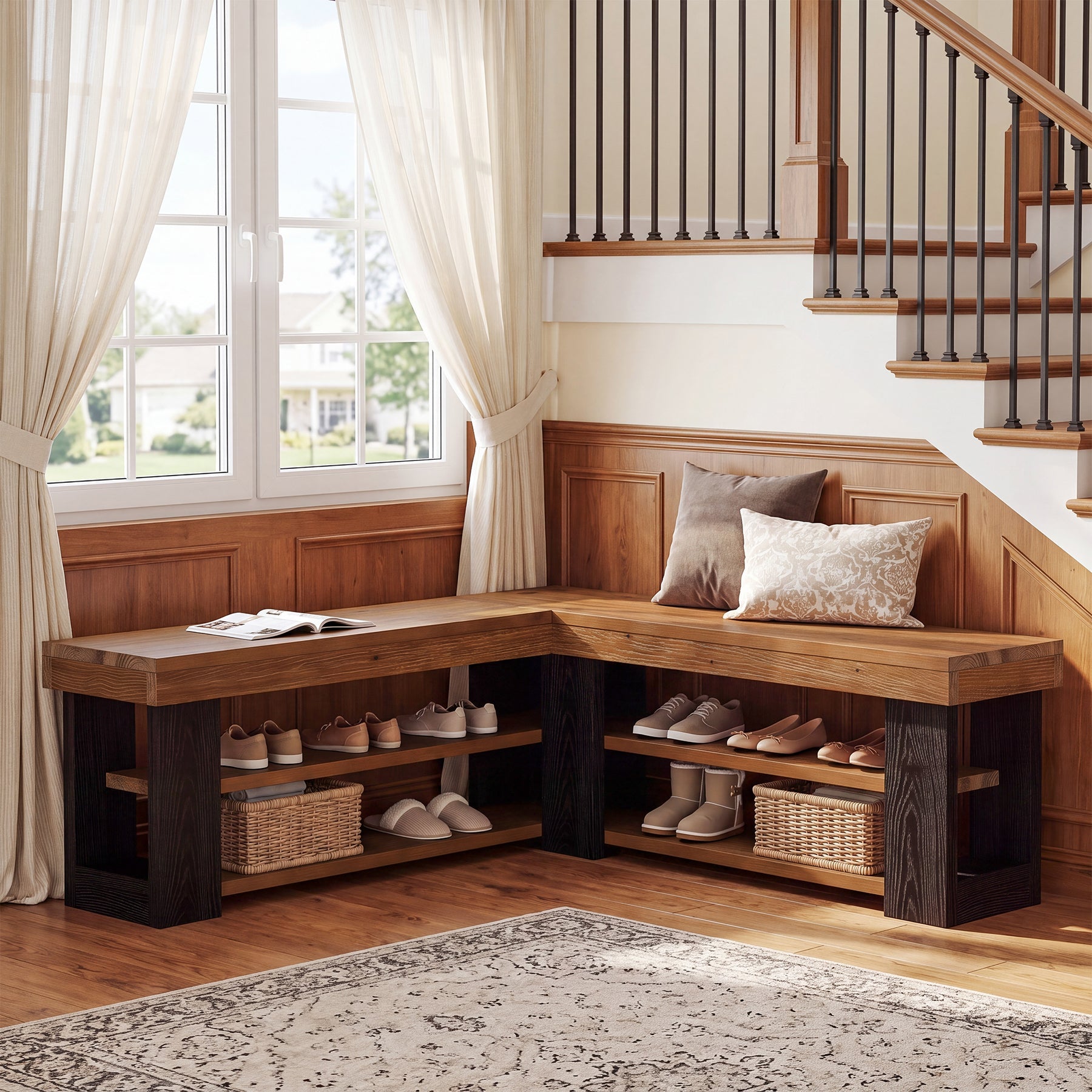 47" L-Shaped Corner Bench, 3-Tier Solid Wood Entryway Bench, Hallway Mudroom