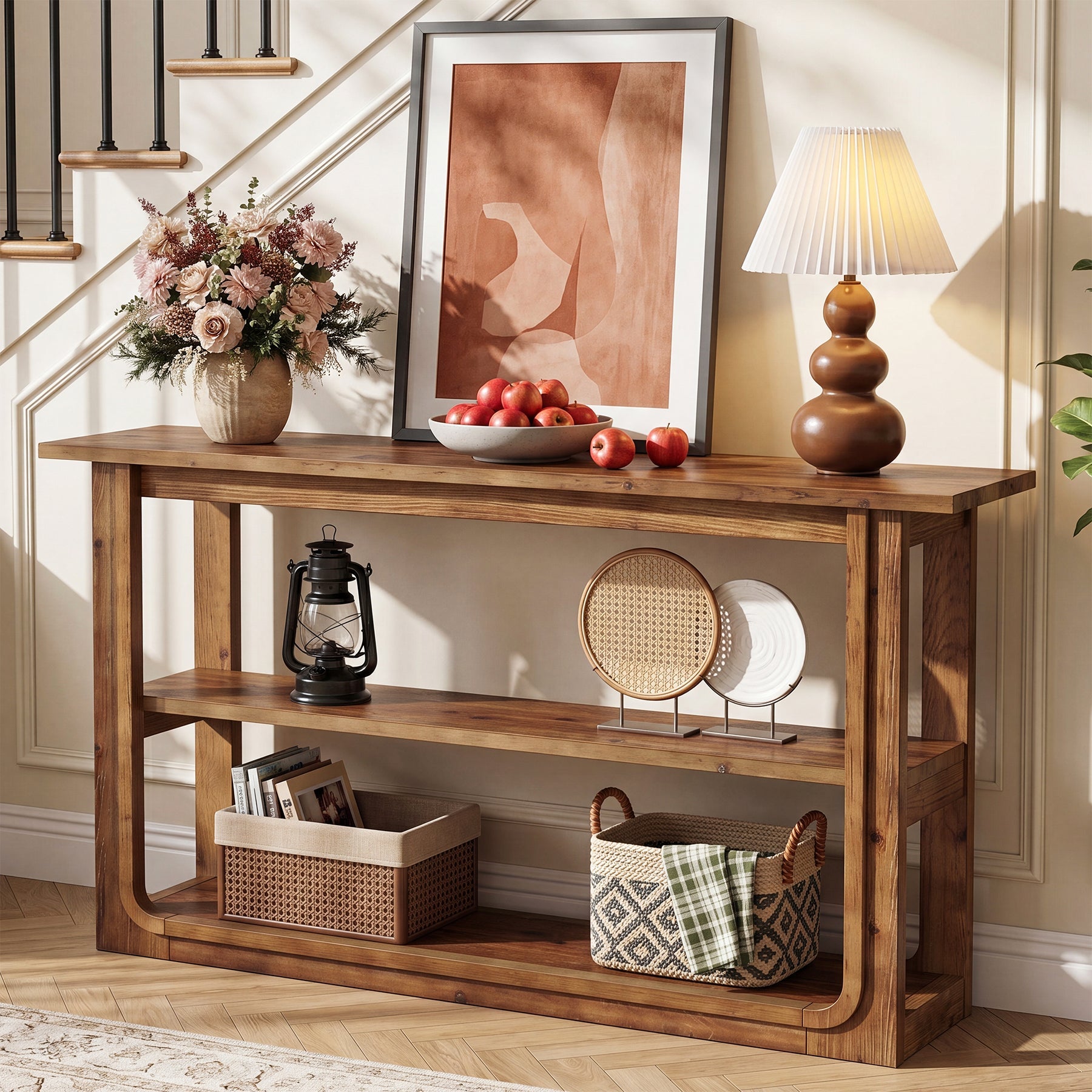 55" Solid Wood Console Table, 3-Tier Farmhouse Accent Sofa Table for Entryway