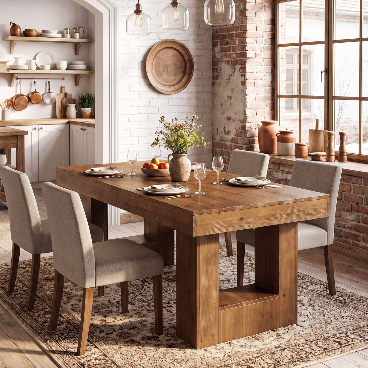 63" Solid Wood Dining Table for 4-6, Rectangular Kitchen Table with Heavy-Duty Base