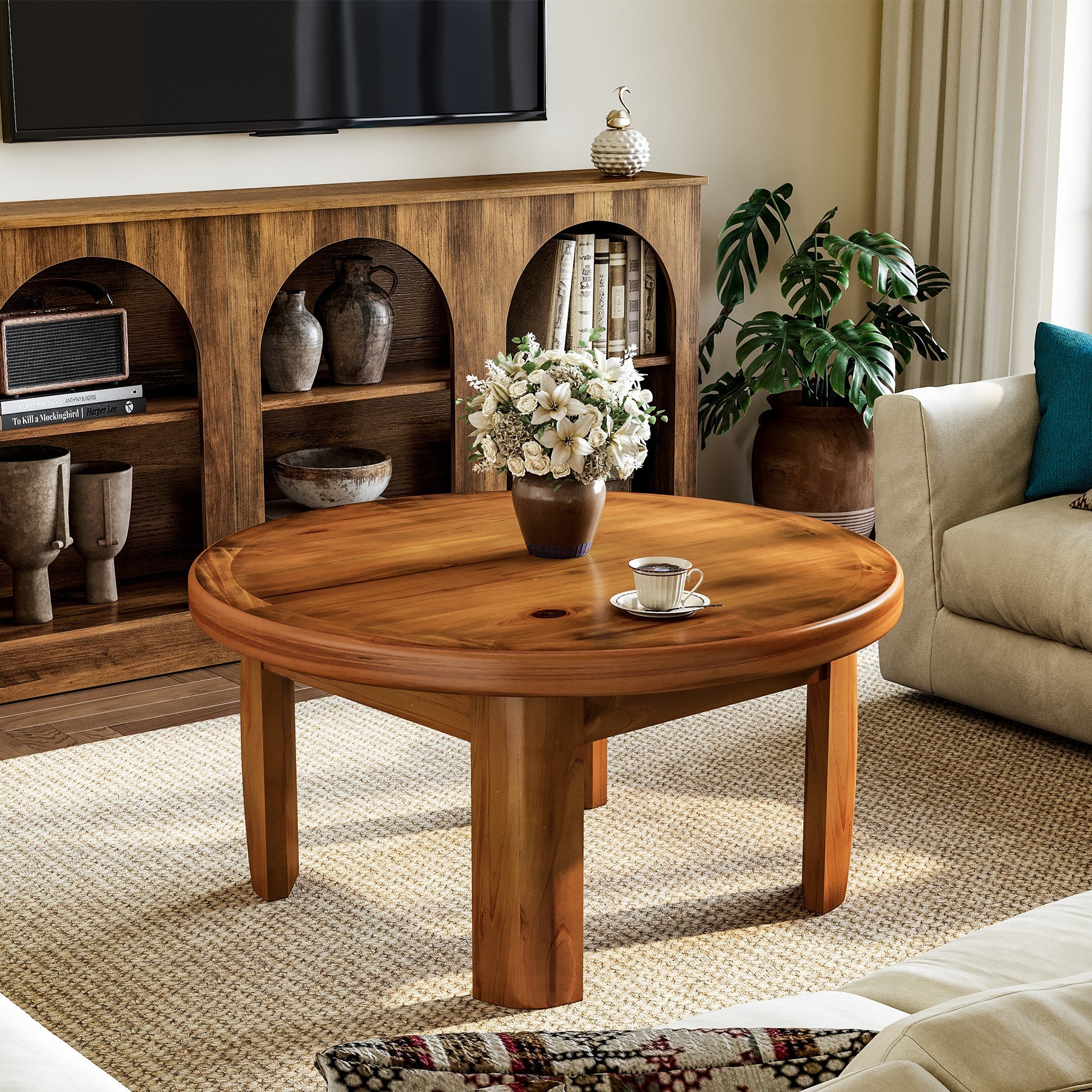 Solid Wood Round Coffee Table, 31.5" Mid Century Modern Center Tea Table