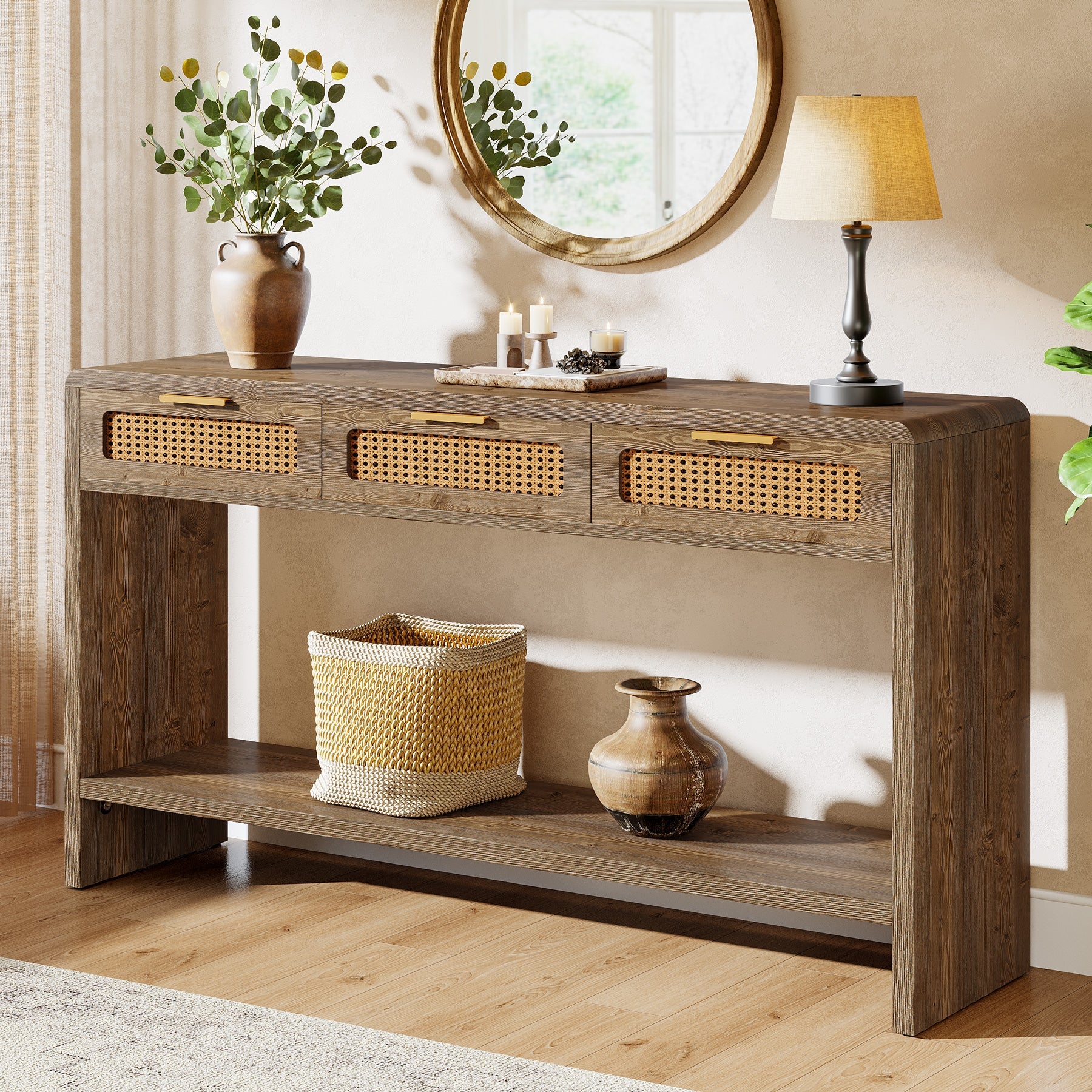 55" Entryway Table, Narrow 2-Tier Sofa Table with 3 Rattan Drawers
