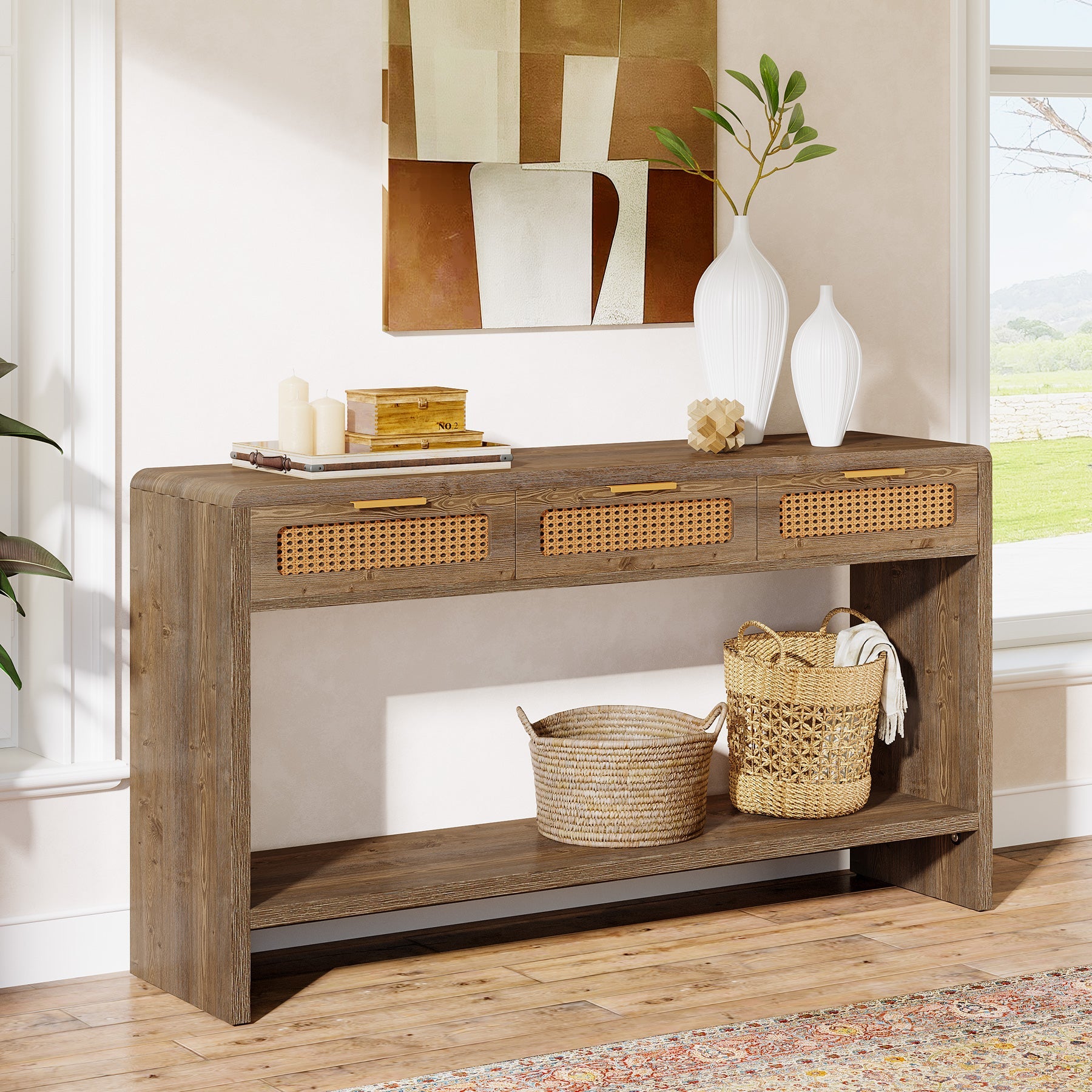 55" Entryway Table, Narrow 2-Tier Sofa Table with 3 Rattan Drawers