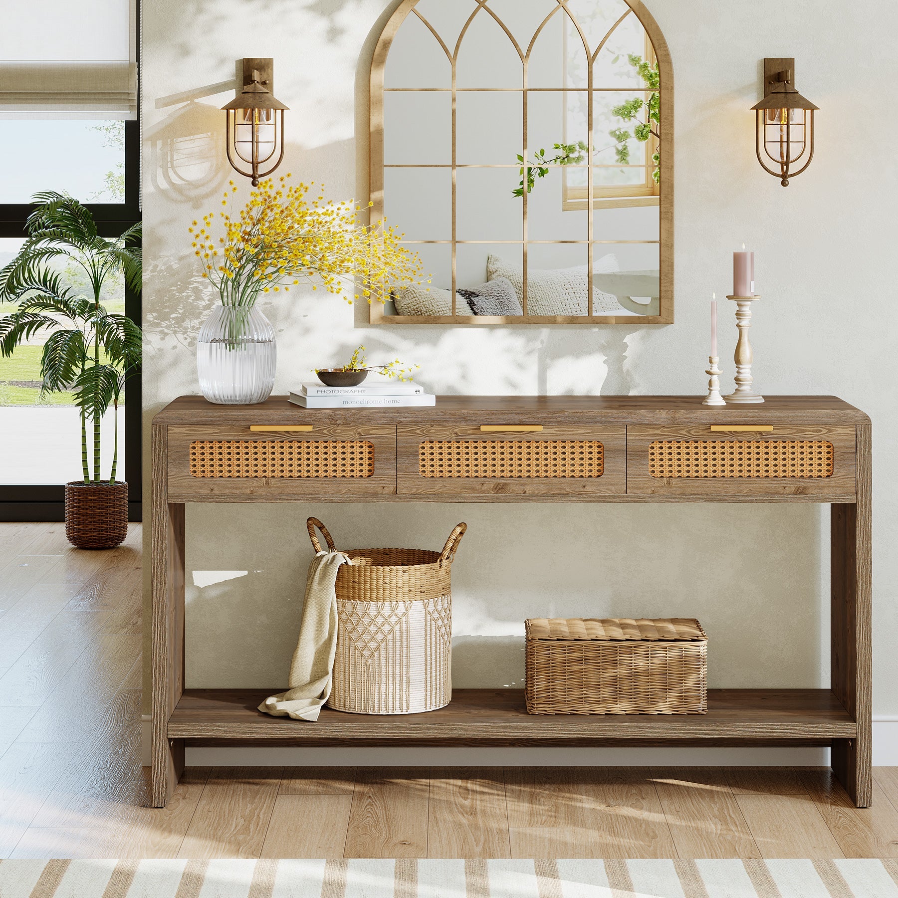 55" Entryway Table, Narrow 2-Tier Sofa Table with 3 Rattan Drawers