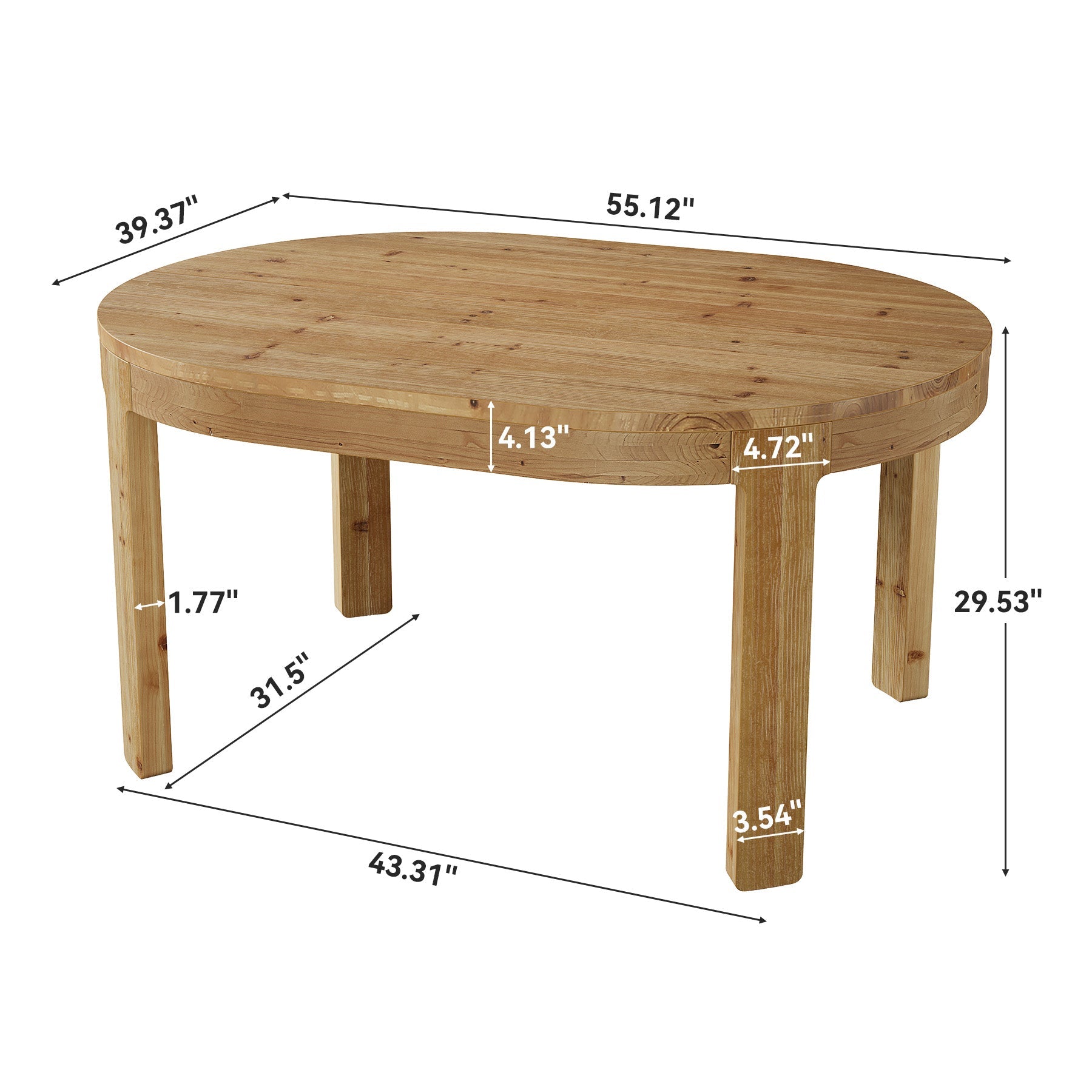 55" Oval Dining Table, Solid Wood Kitchen Dinner Table for 4 People