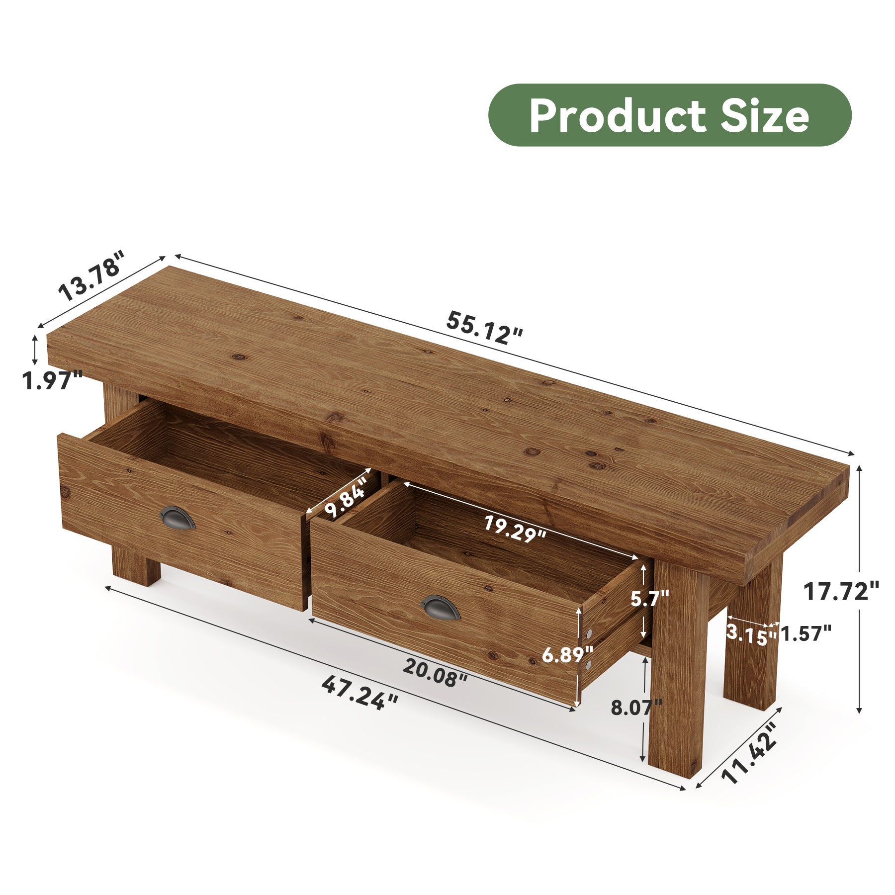 55" Solid Wood Entryway Bench, Farmhouse Long Bench End of Bed Stool with 2 Drawers