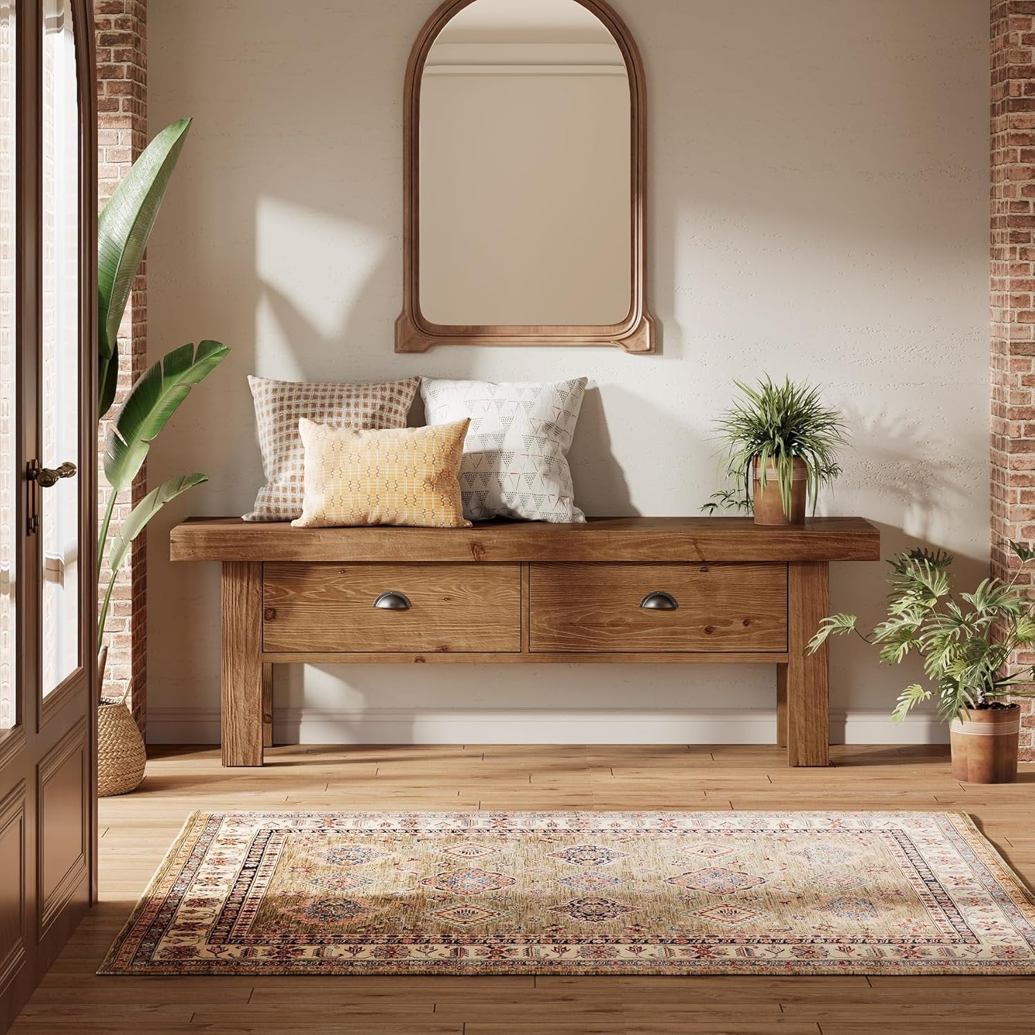 55" Solid Wood Entryway Bench, Farmhouse Long Bench End of Bed Stool with 2 Drawers