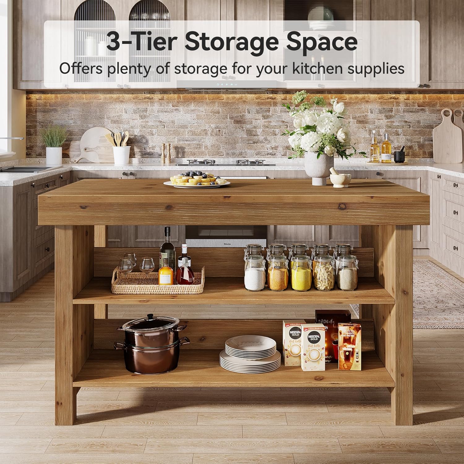 55" Wood Kitchen Island, 3-Tier Farmhouse Counter Height Coffee Bar