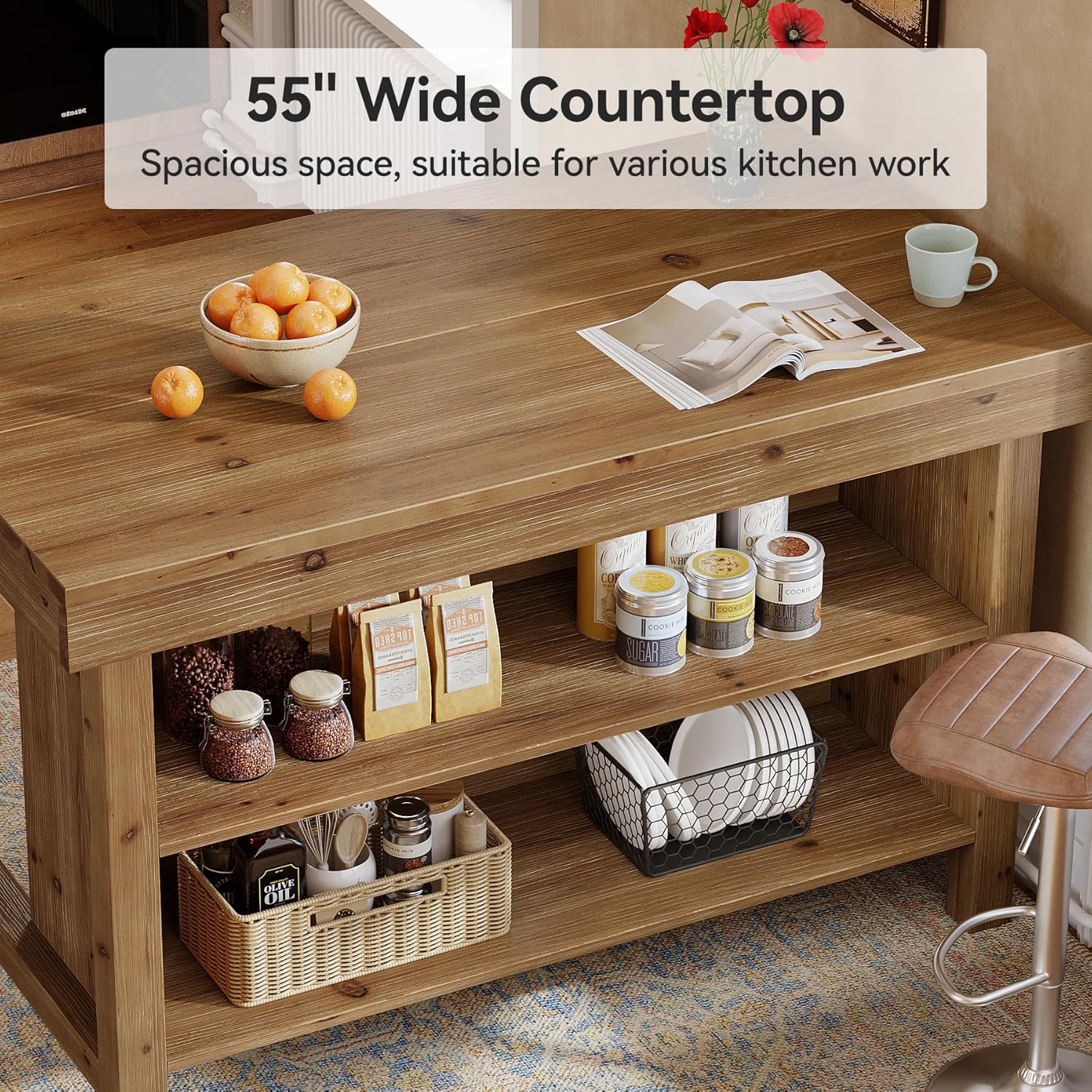 55" Wood Kitchen Island, 3-Tier Farmhouse Counter Height Coffee Bar
