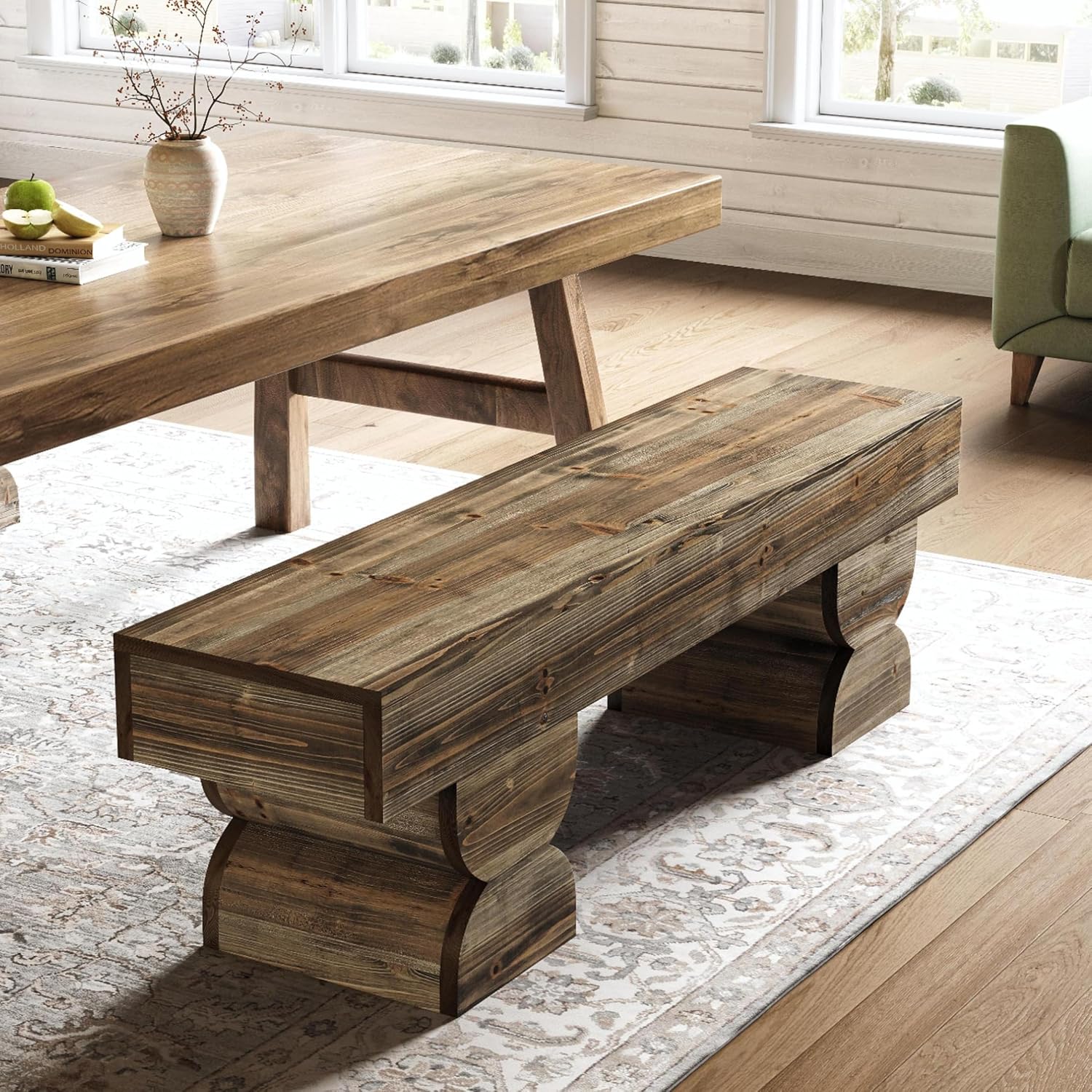 59" Dining Bench, Wood Kitchen Stool with Sturdy Double Pedestal