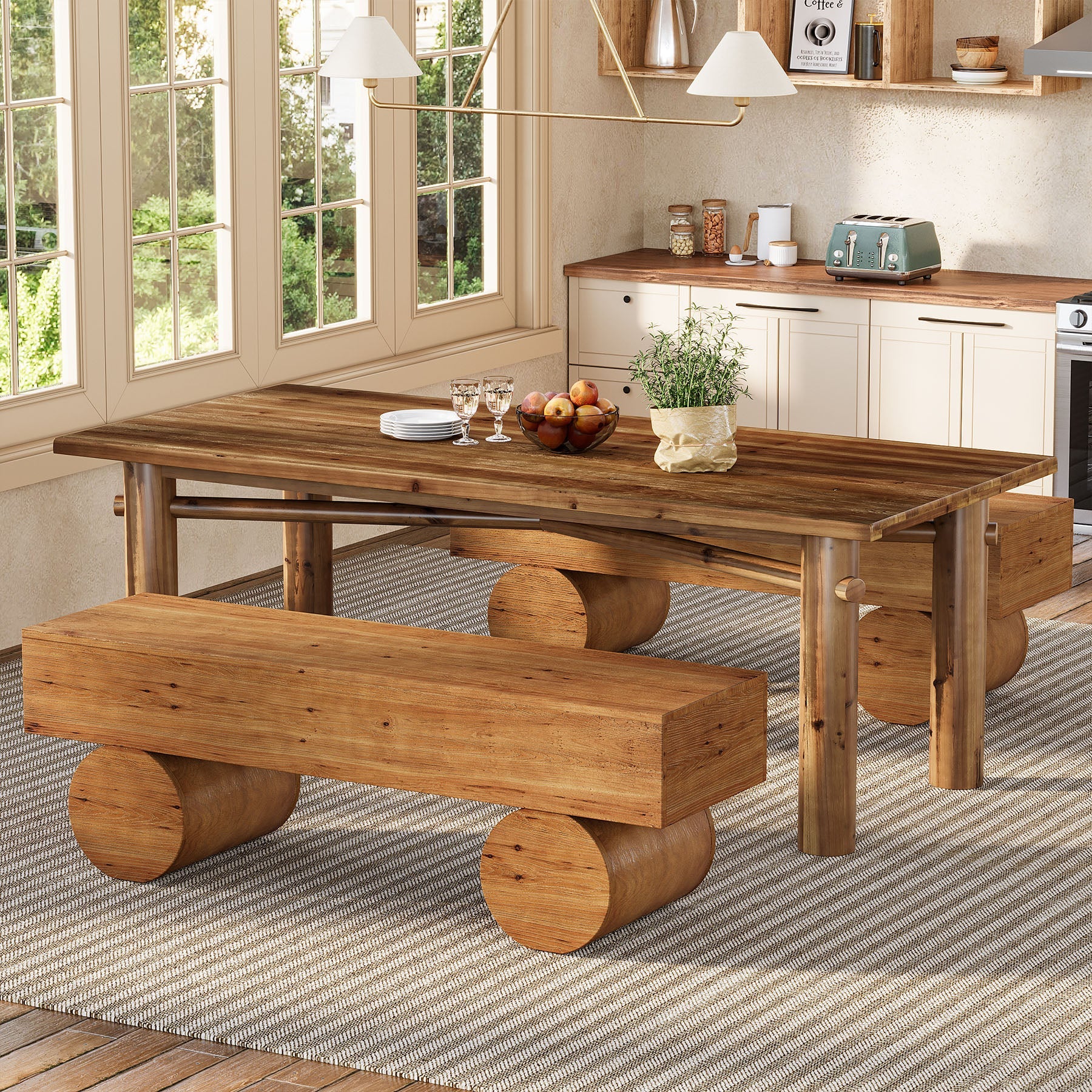 59" Farmhouse Dining Bench, Solid Wood Kitchen Table Bench with Thickened Seat